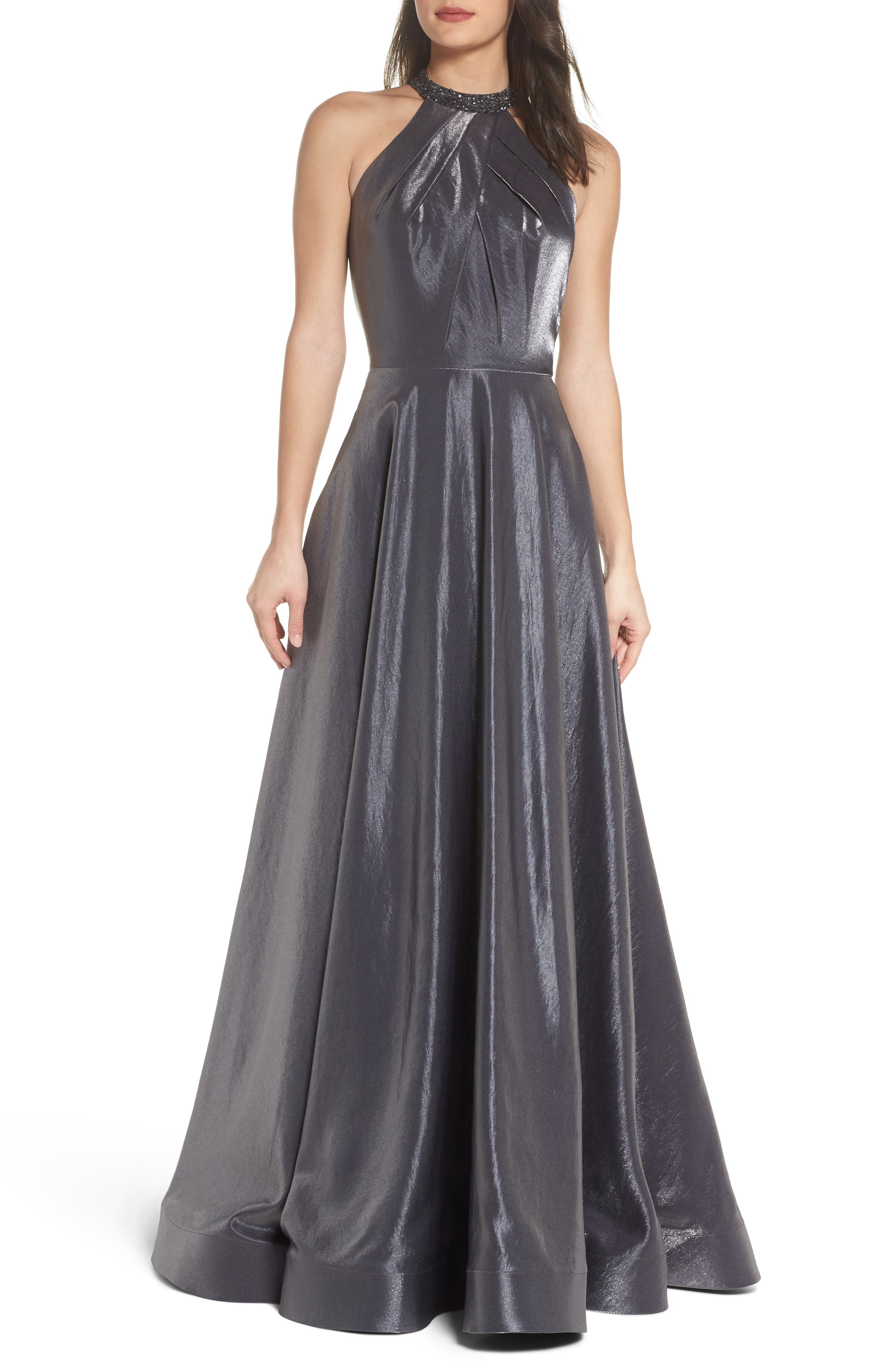 La Femme Beaded Halter Neck A-Line Gown, Metallic