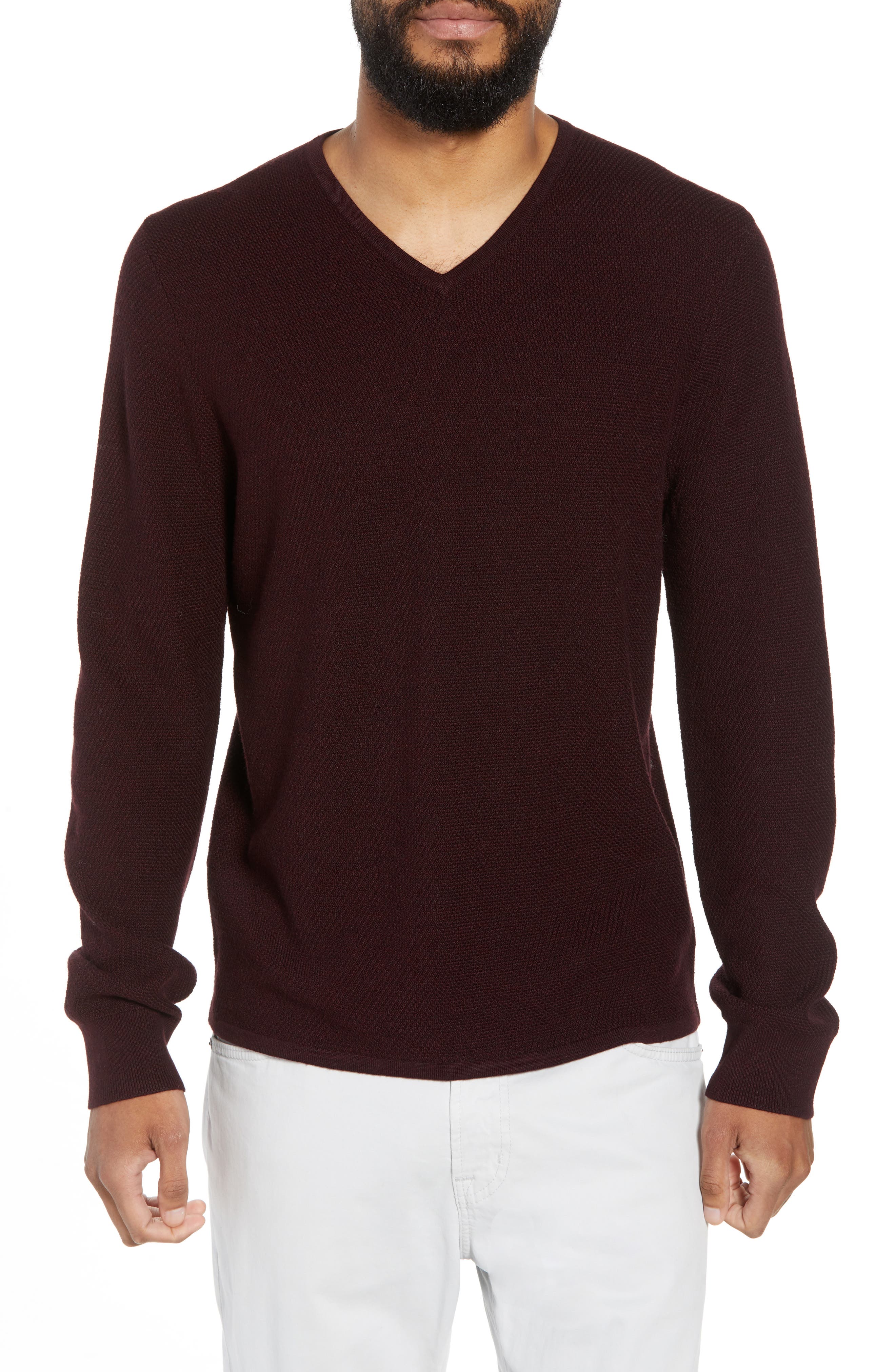 Calibrate V-Neck Wool Blend Sweater, Burgundy