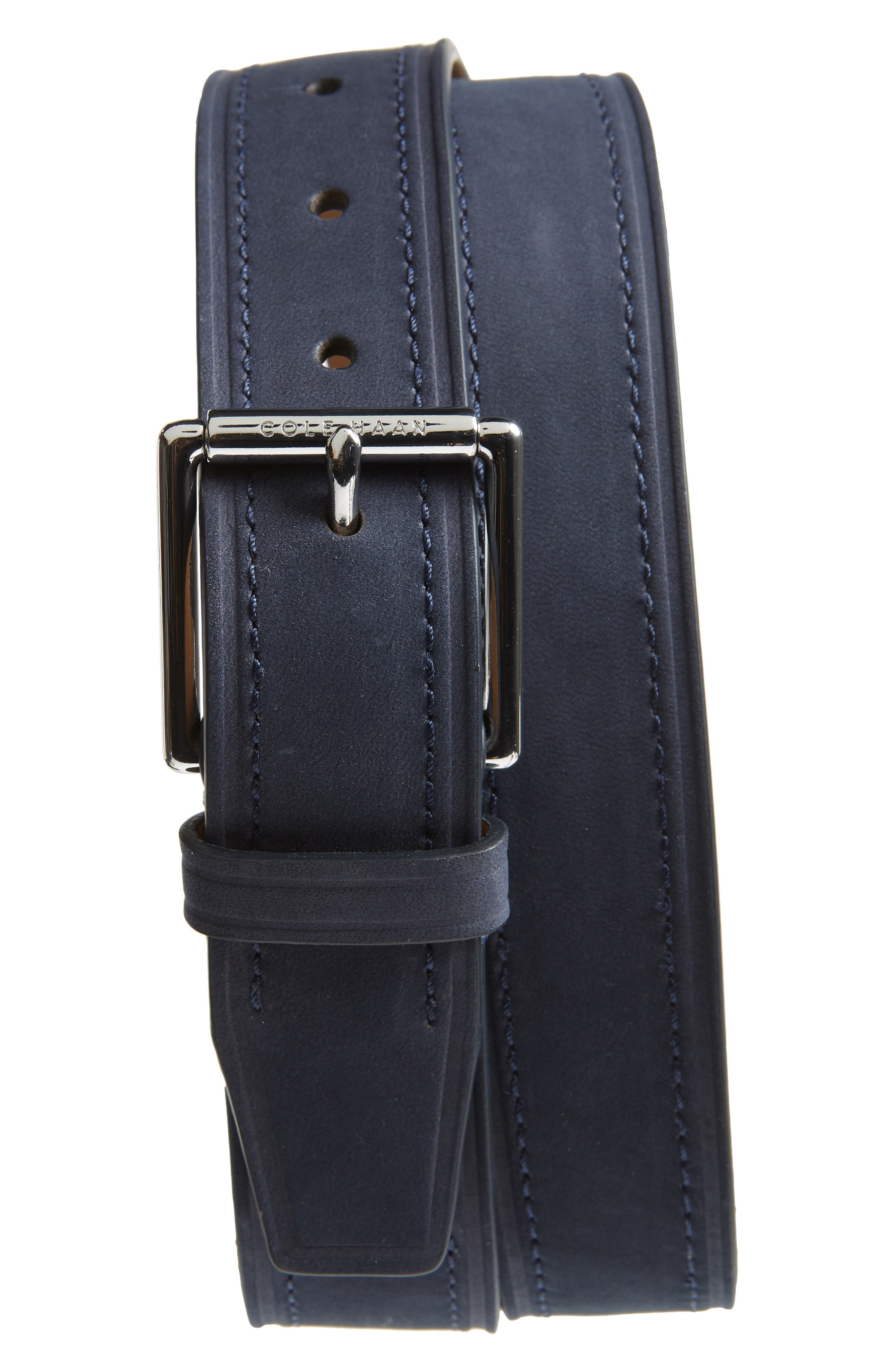 Cole Haan Cut Edge Leather Belt, Navy