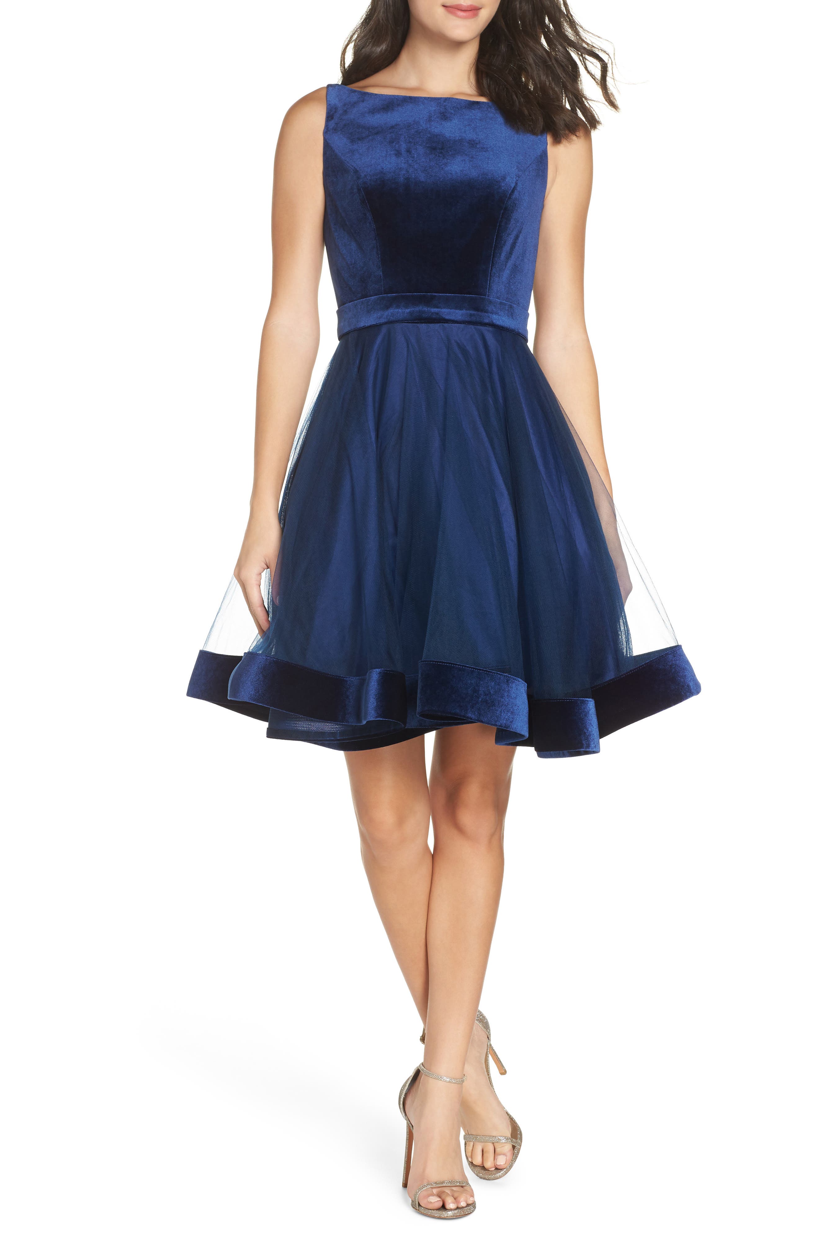 MAC Duggal Velvet & Tulle Party Dress, Blue
