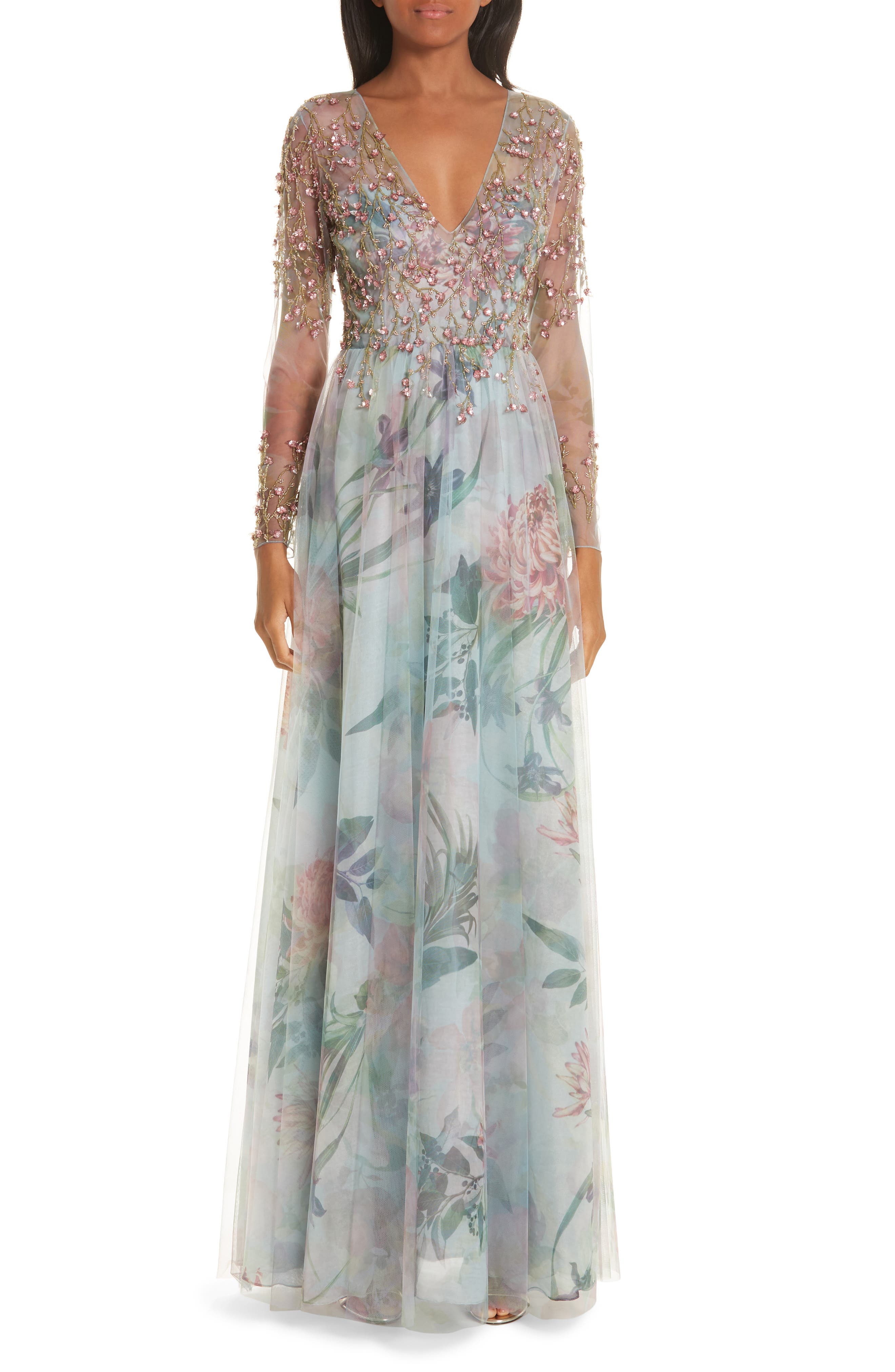 Patbo Beaded Floral Print A-Line Evening Dress, 6 BR - Blue