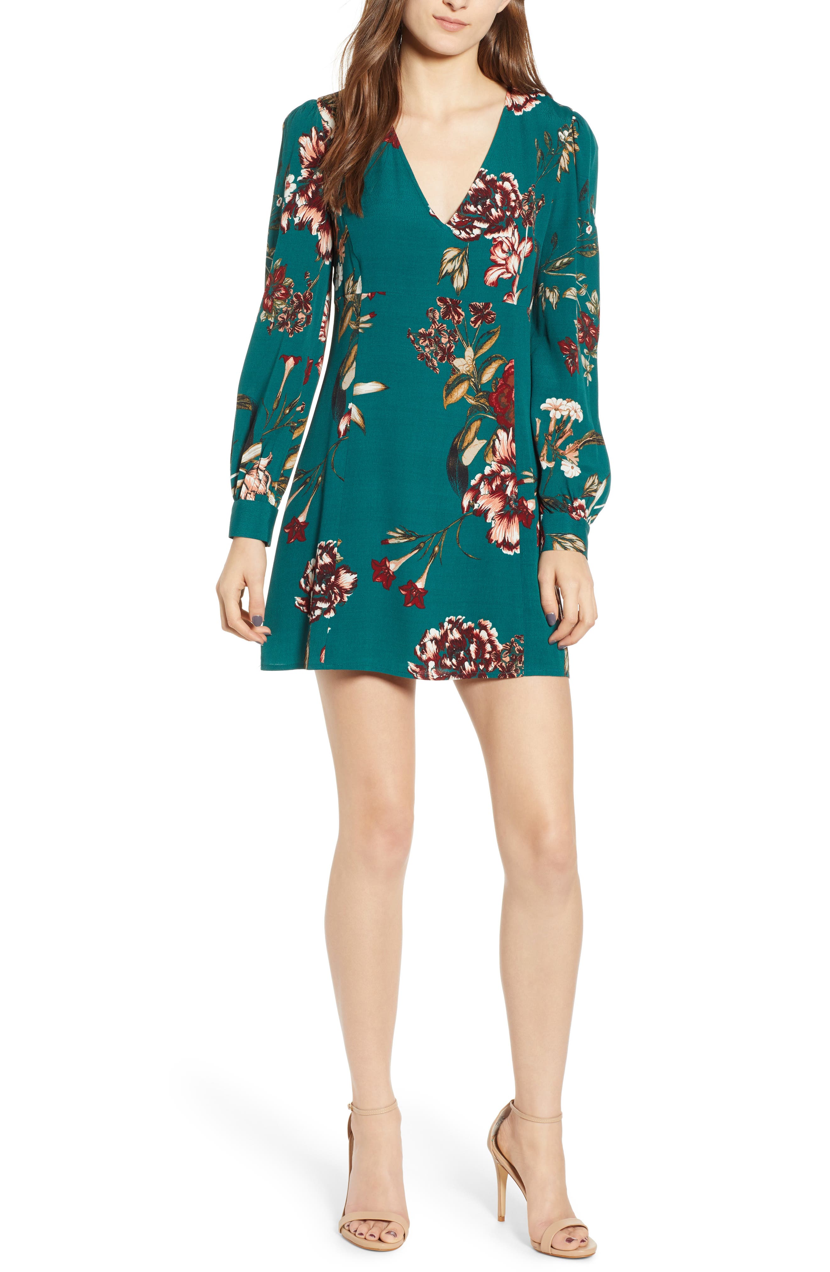 Leith V-Neck Floral Print Minidress, Green