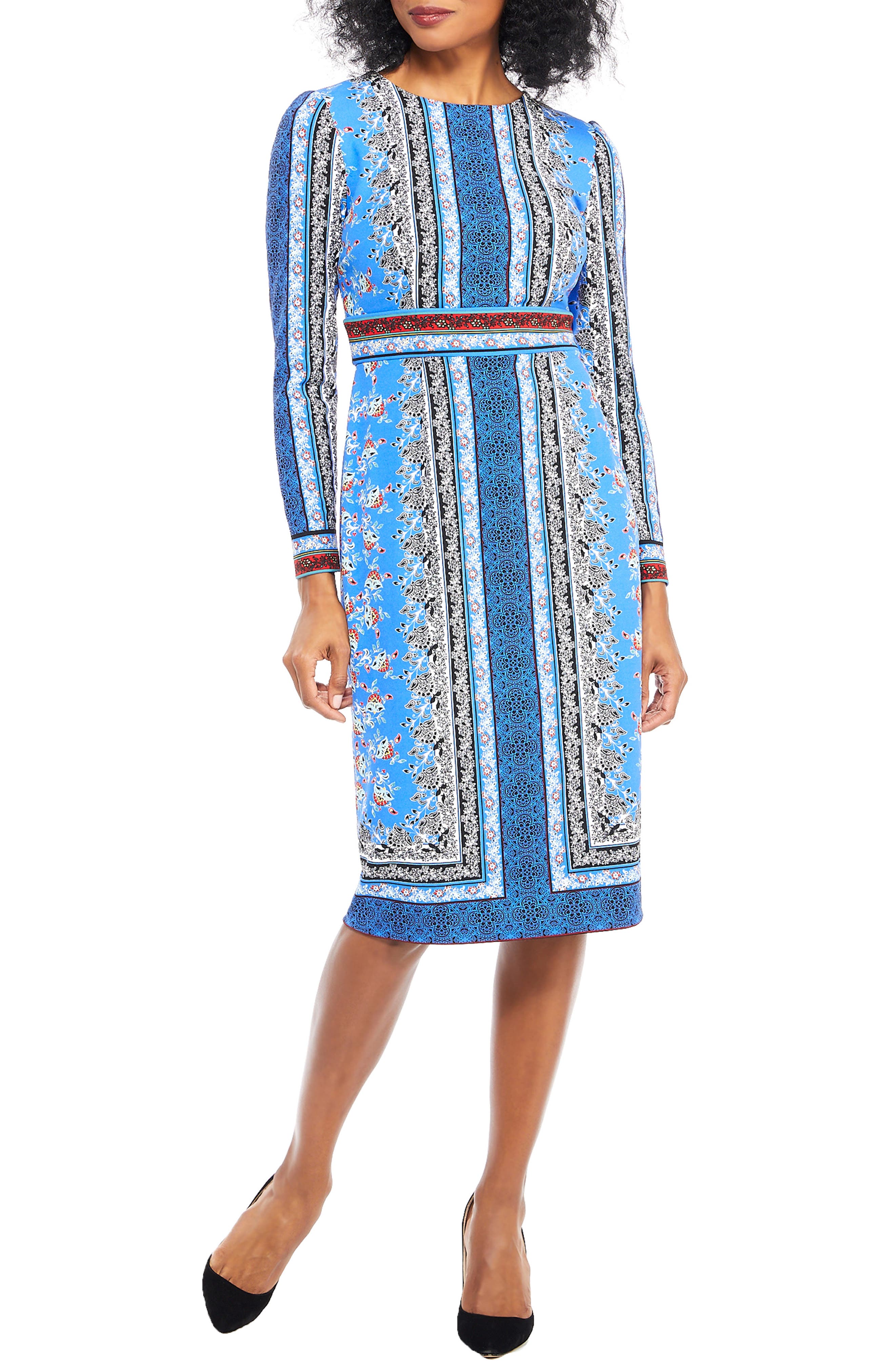 Maggy London Paisley Puzzle Scuba Crepe Sheath Dress, Blue