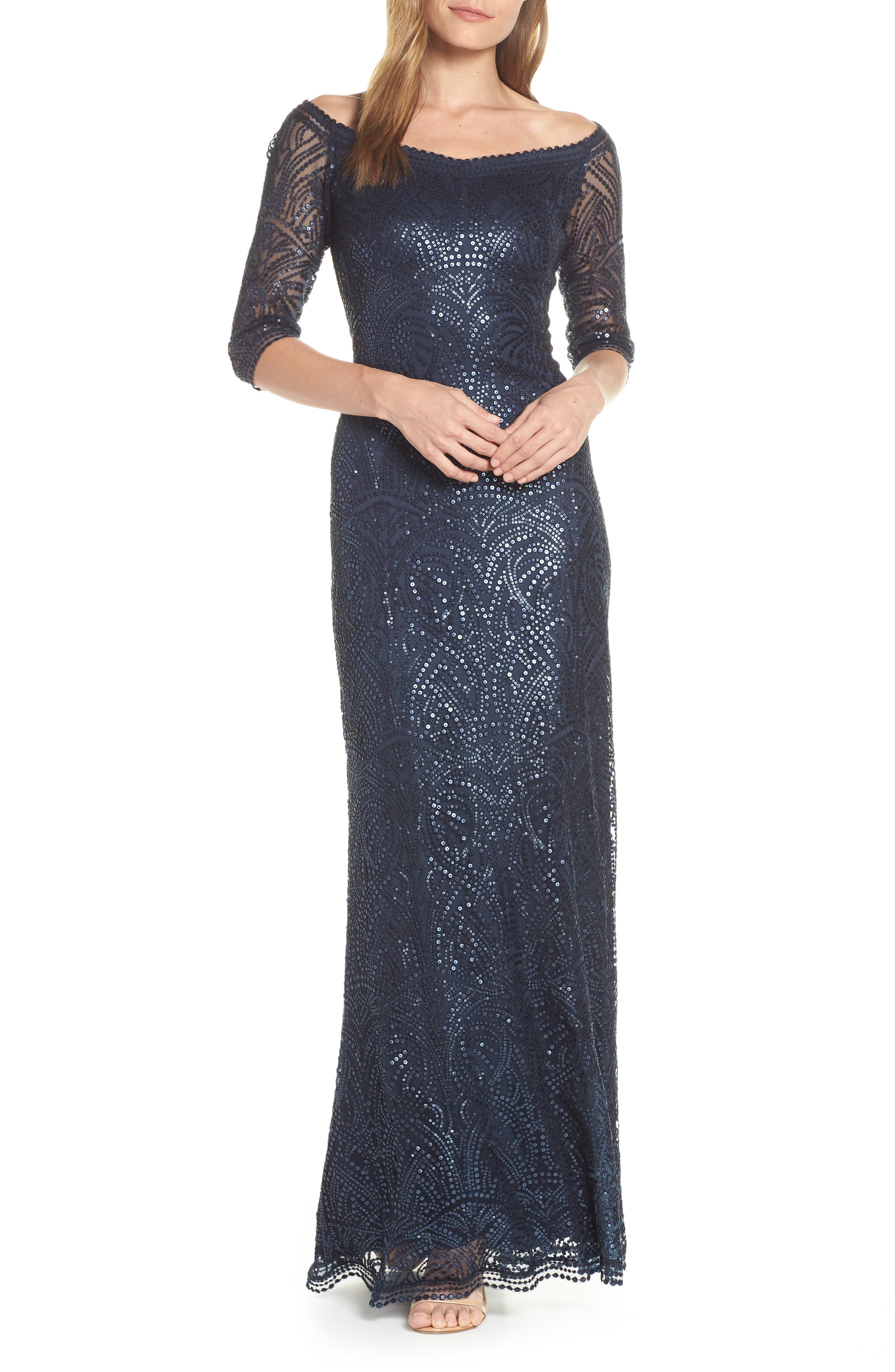 Tadashi Shoji Sequin Off The Shoulder Evening Dress, Blue