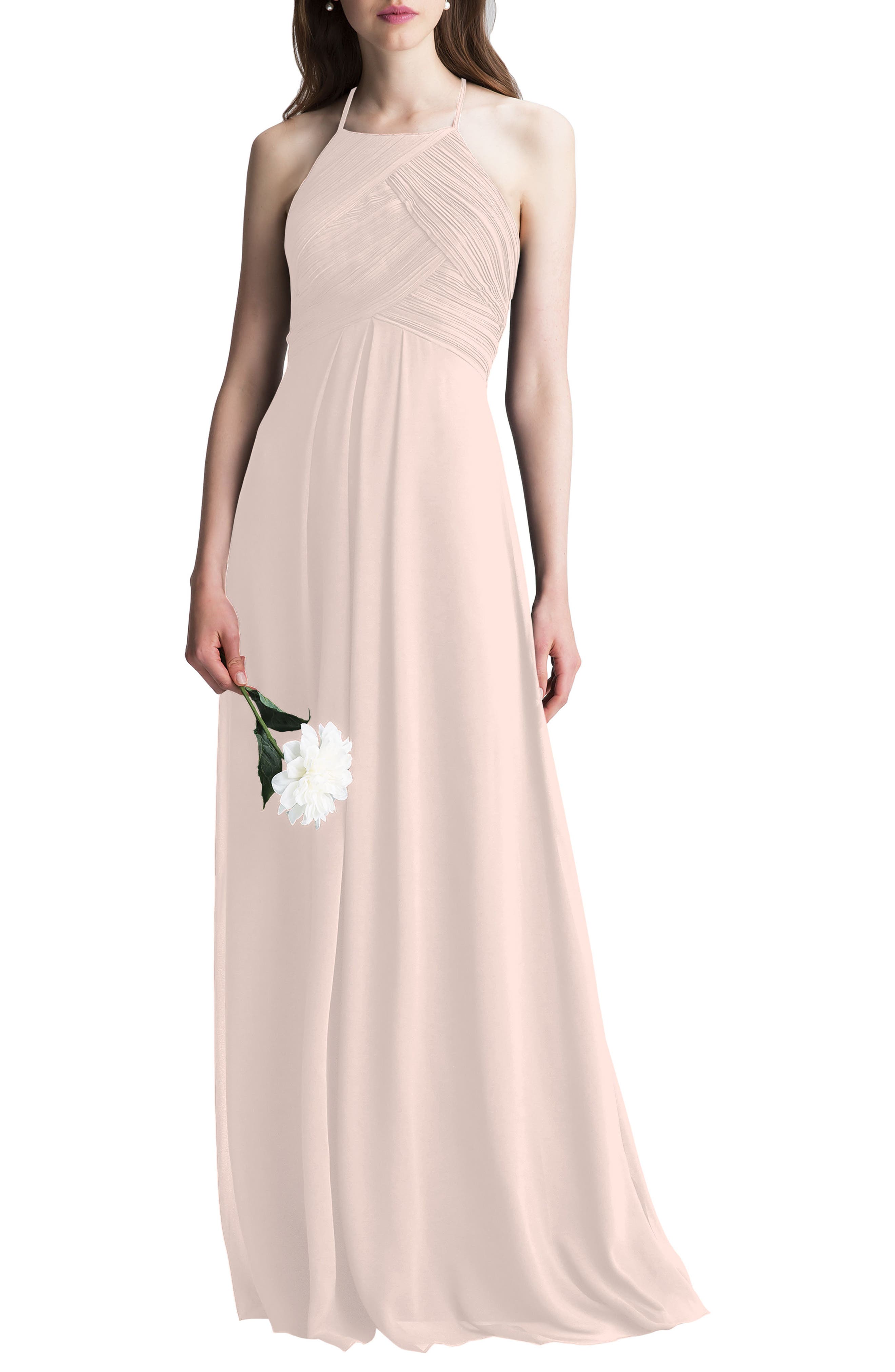 #levkoff Halter Chiffon A-Line Gown, Pink