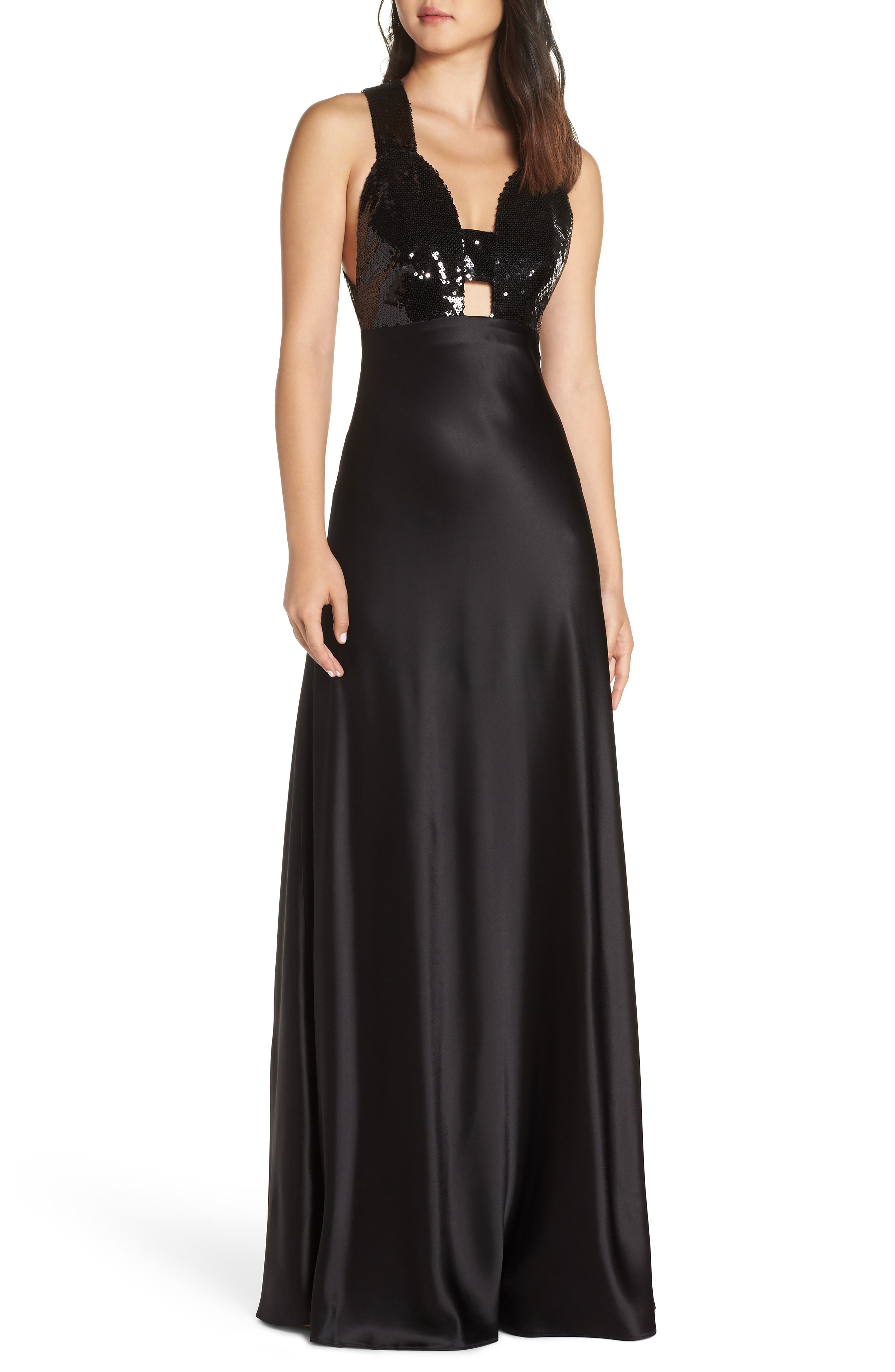 Jill Jill Stuart Sanna Strappy Sequin & Satin Gown, Black
