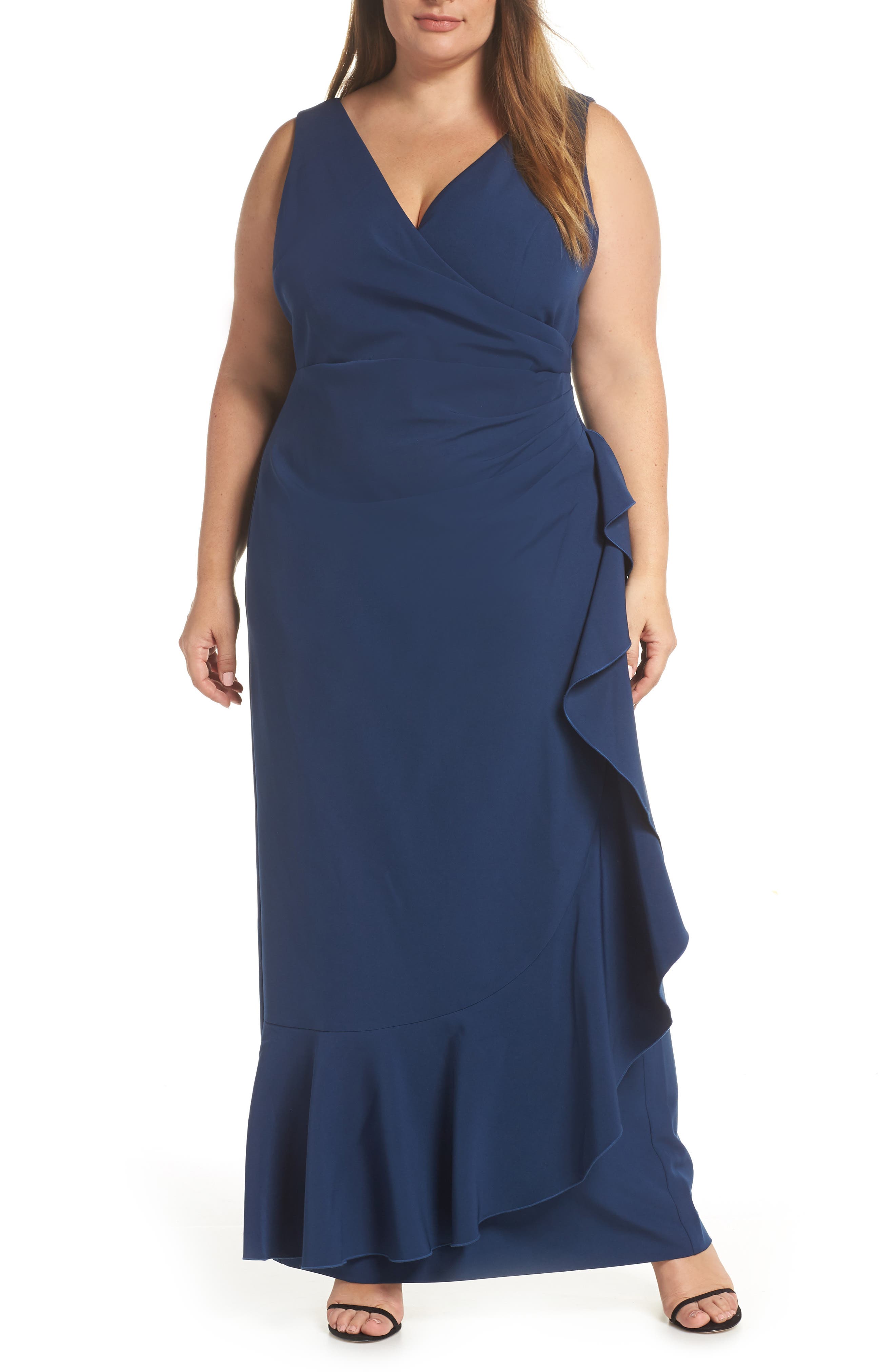 Plus Size Vince Camuto Side Drape Ruffle Gown, Blue