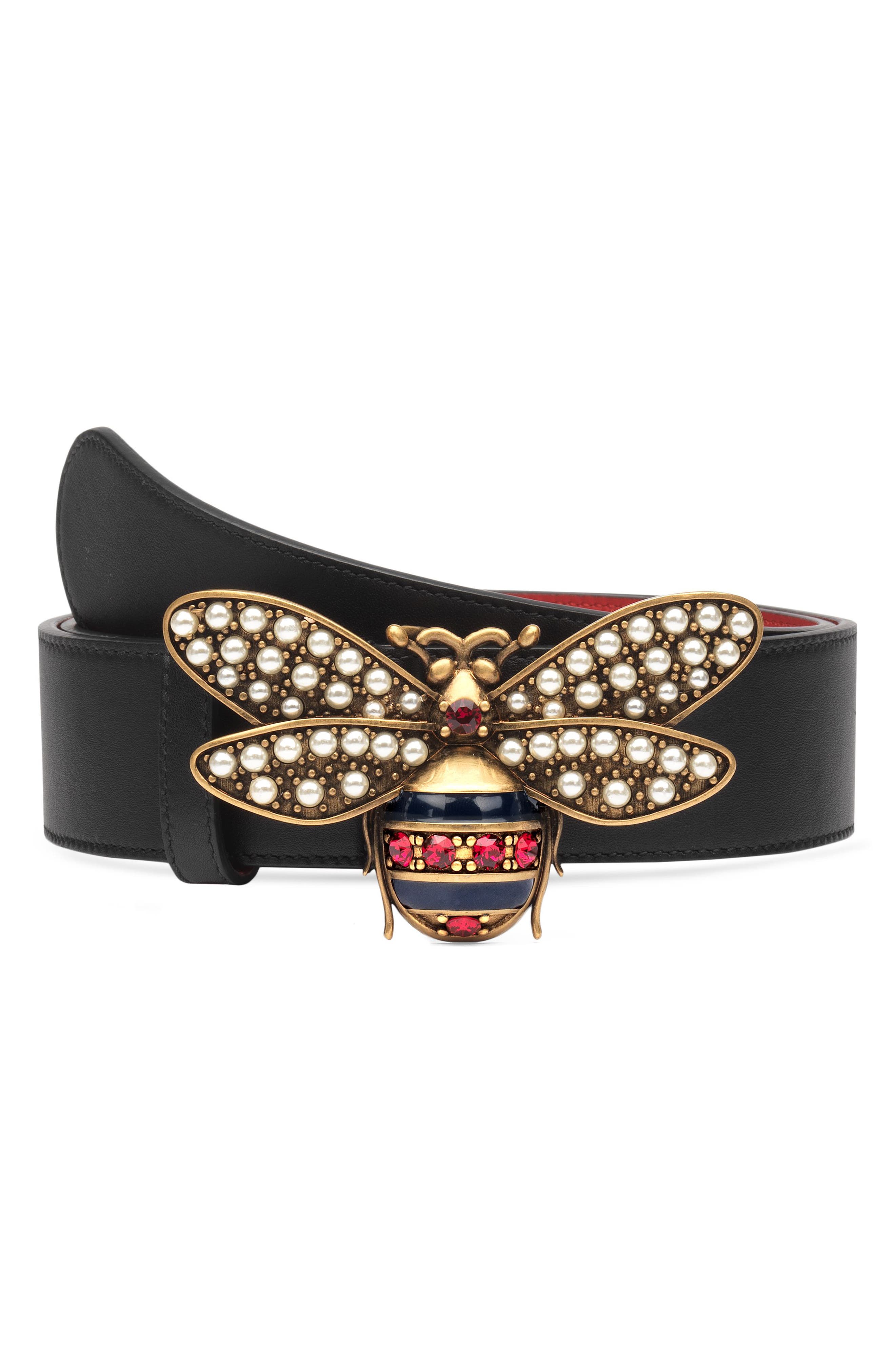 Gucci Embellished Bee Clasp Leather Belt, Nero/ Cream