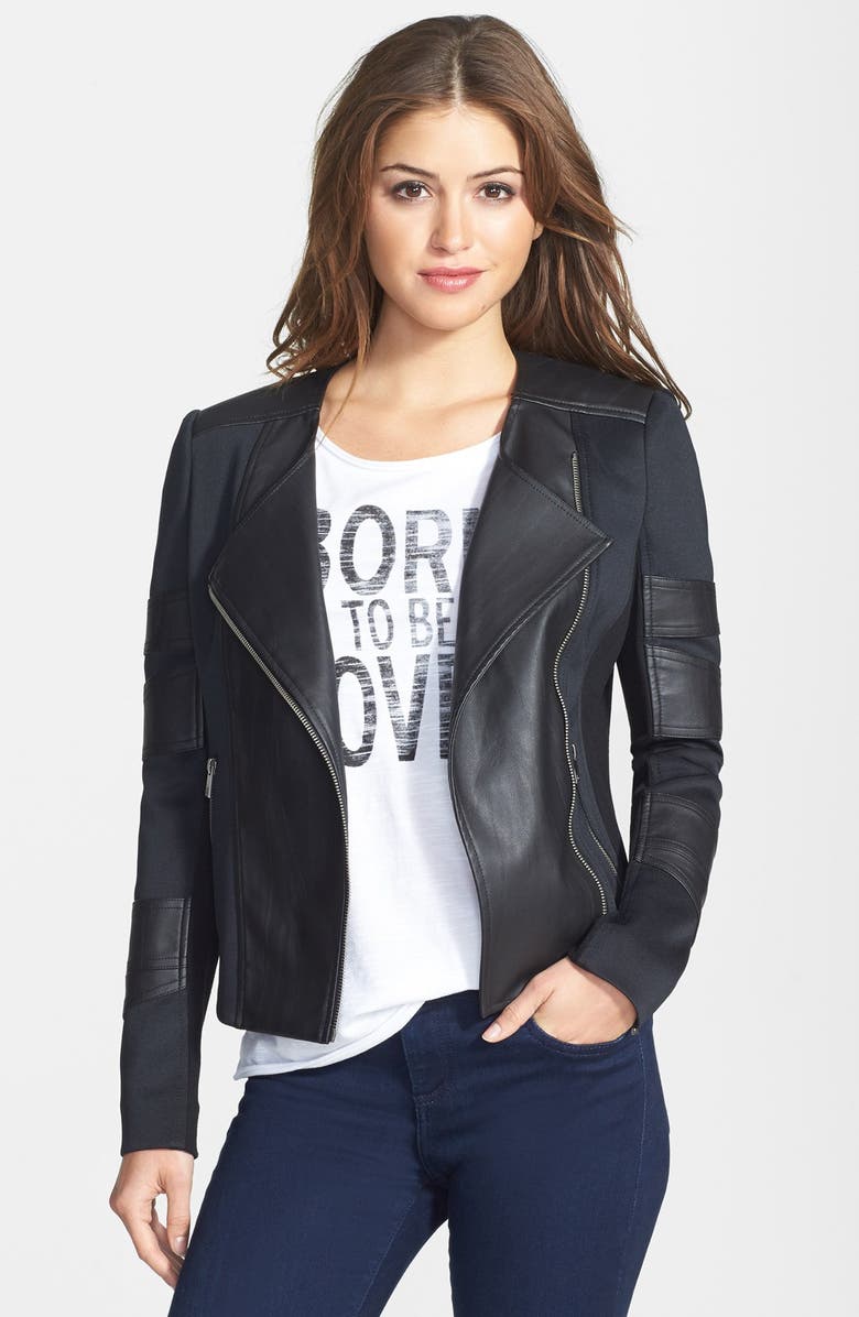 Two By Vince Camuto Collarless Faux Leather Knit Moto Jacket Collarless Faux Leather Knit Moto Jacket