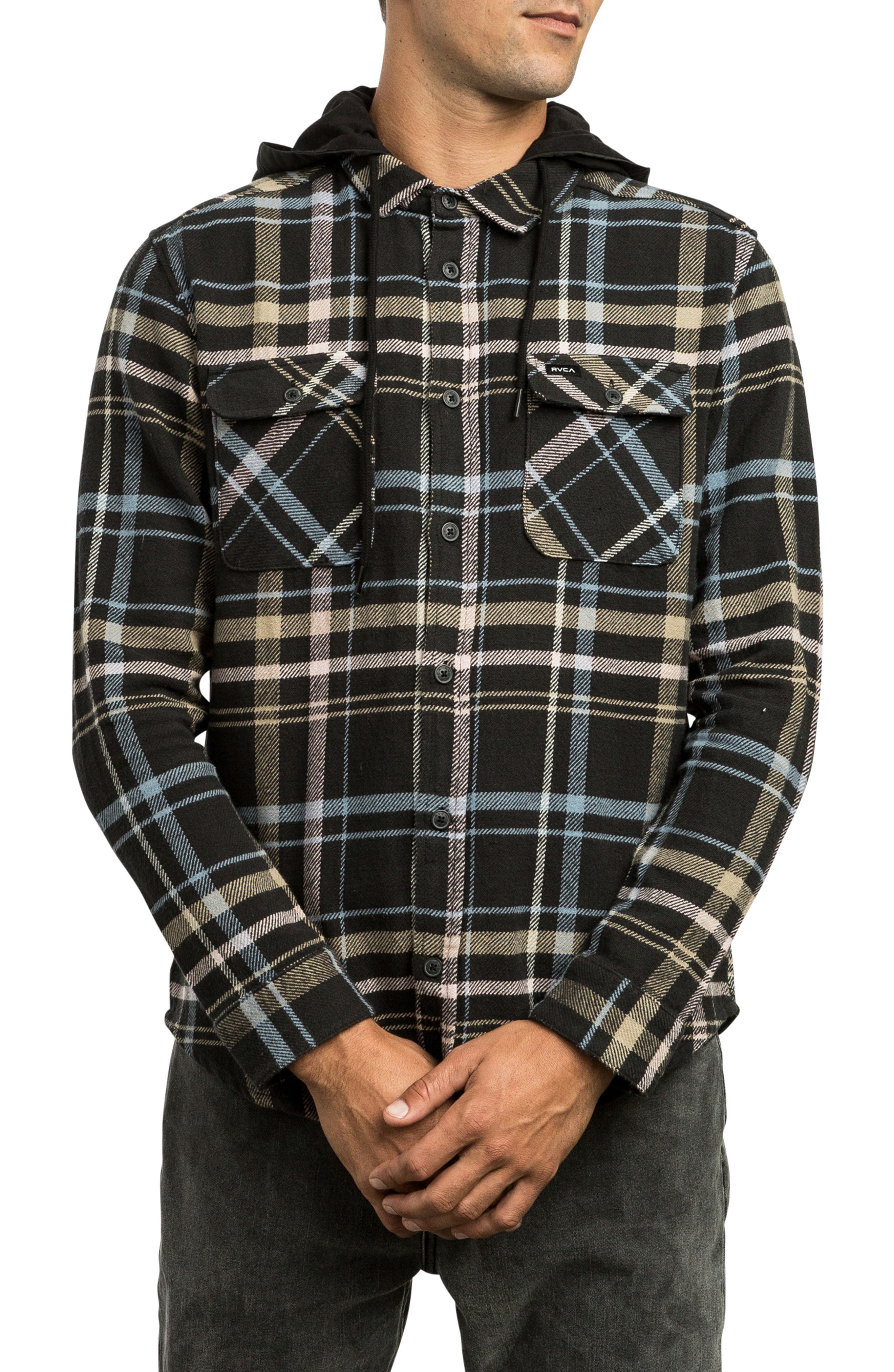 Rvca Essex Hooded Flannel Shirt, Grey
