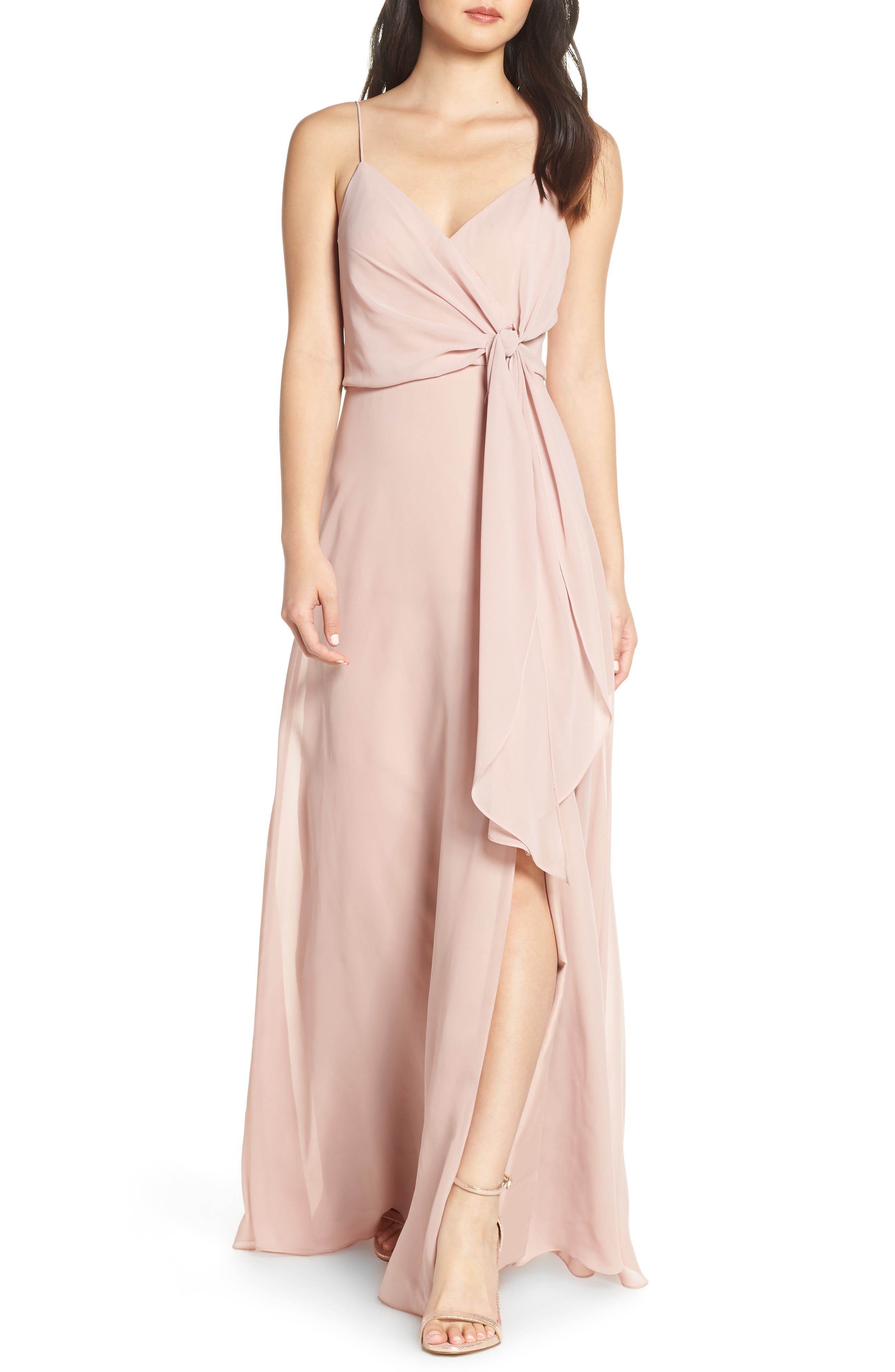 Jenny Yoo Amara Chiffon Overlay V-Neck Evening Dress, Red