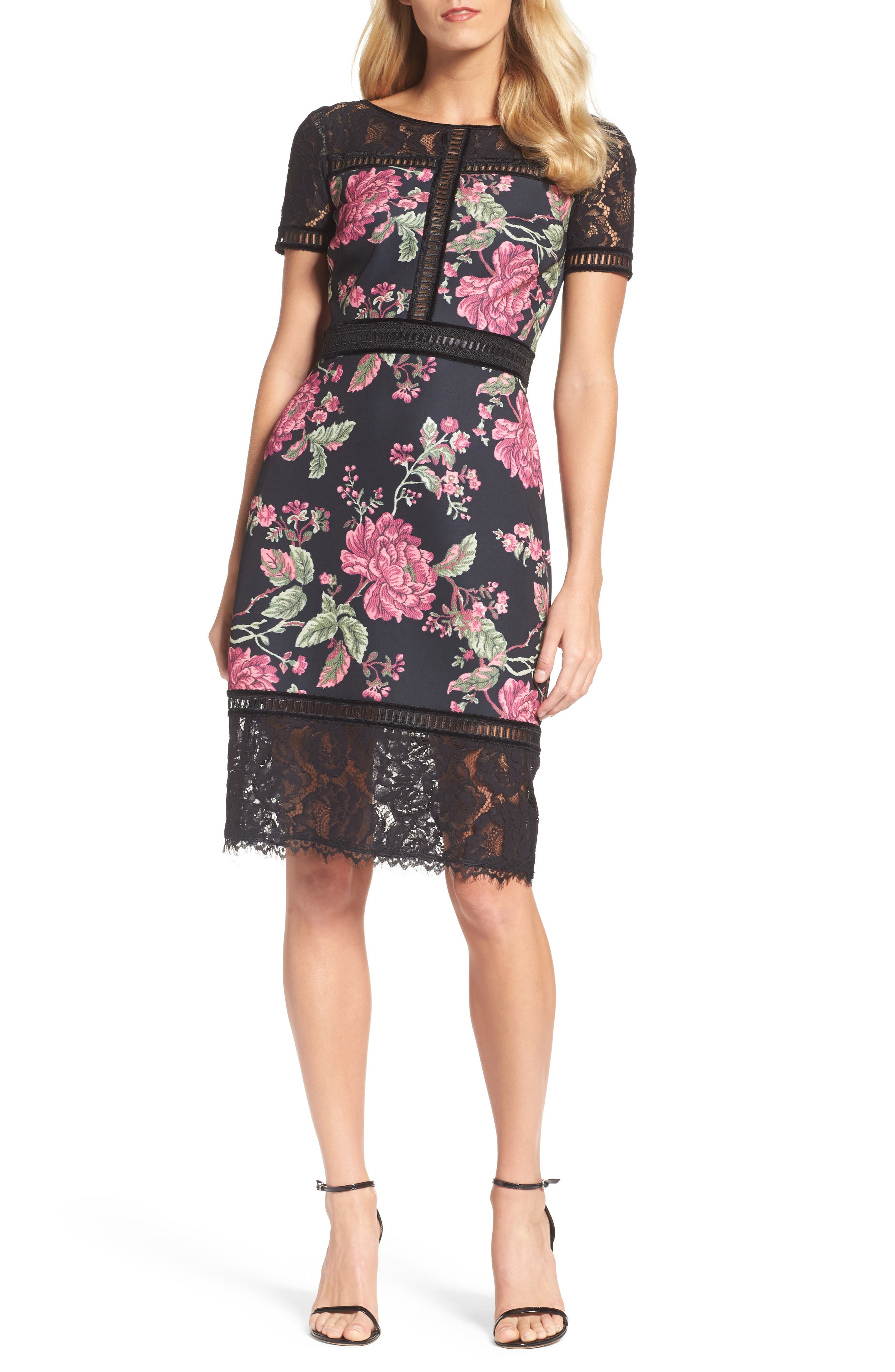 Tadashi Shoji Floral Neoprene & Lace Sheath Dress, Black