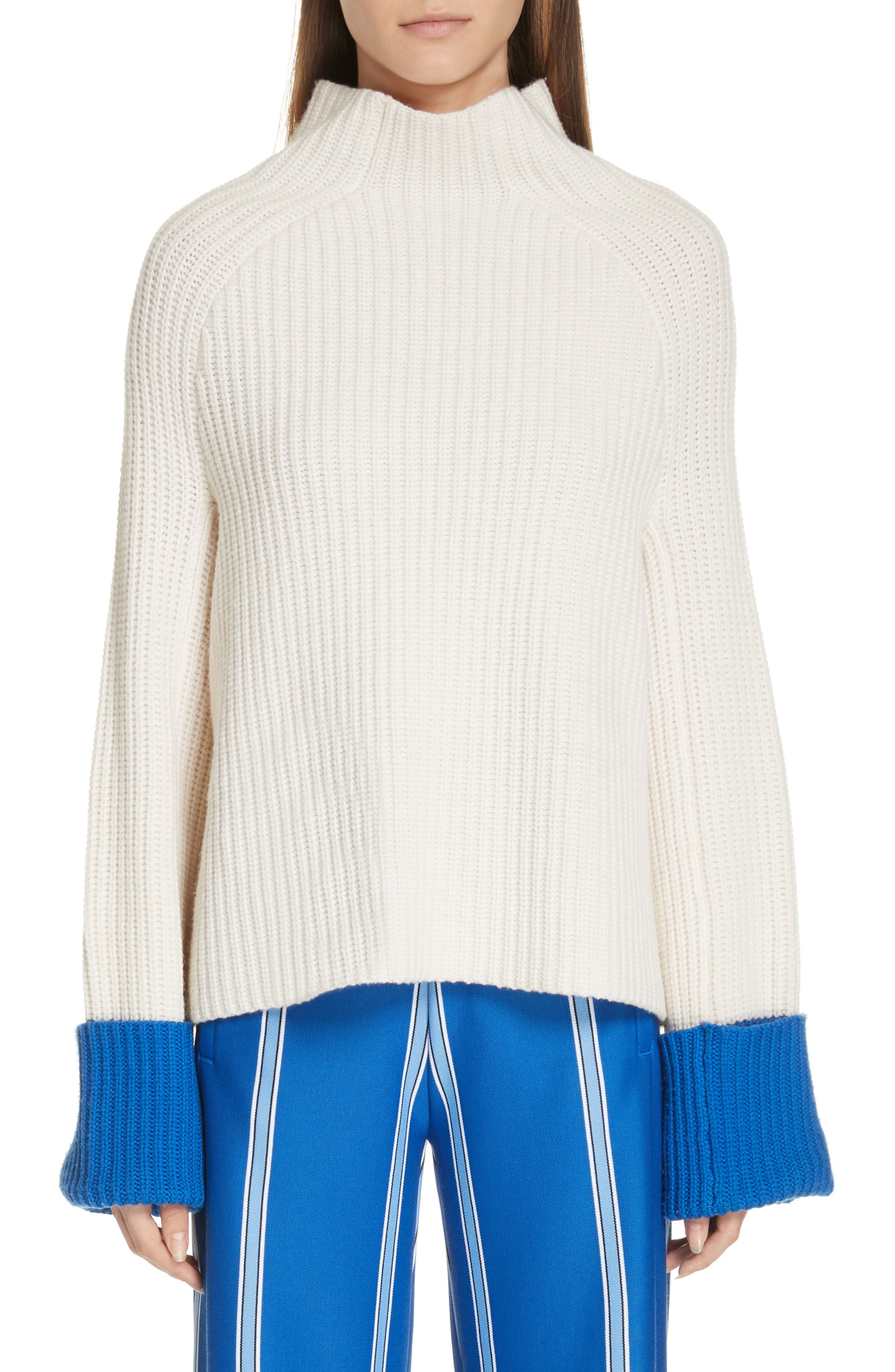 Tory Sport Contrast Cuff Rib Merino Wool Sweater, White