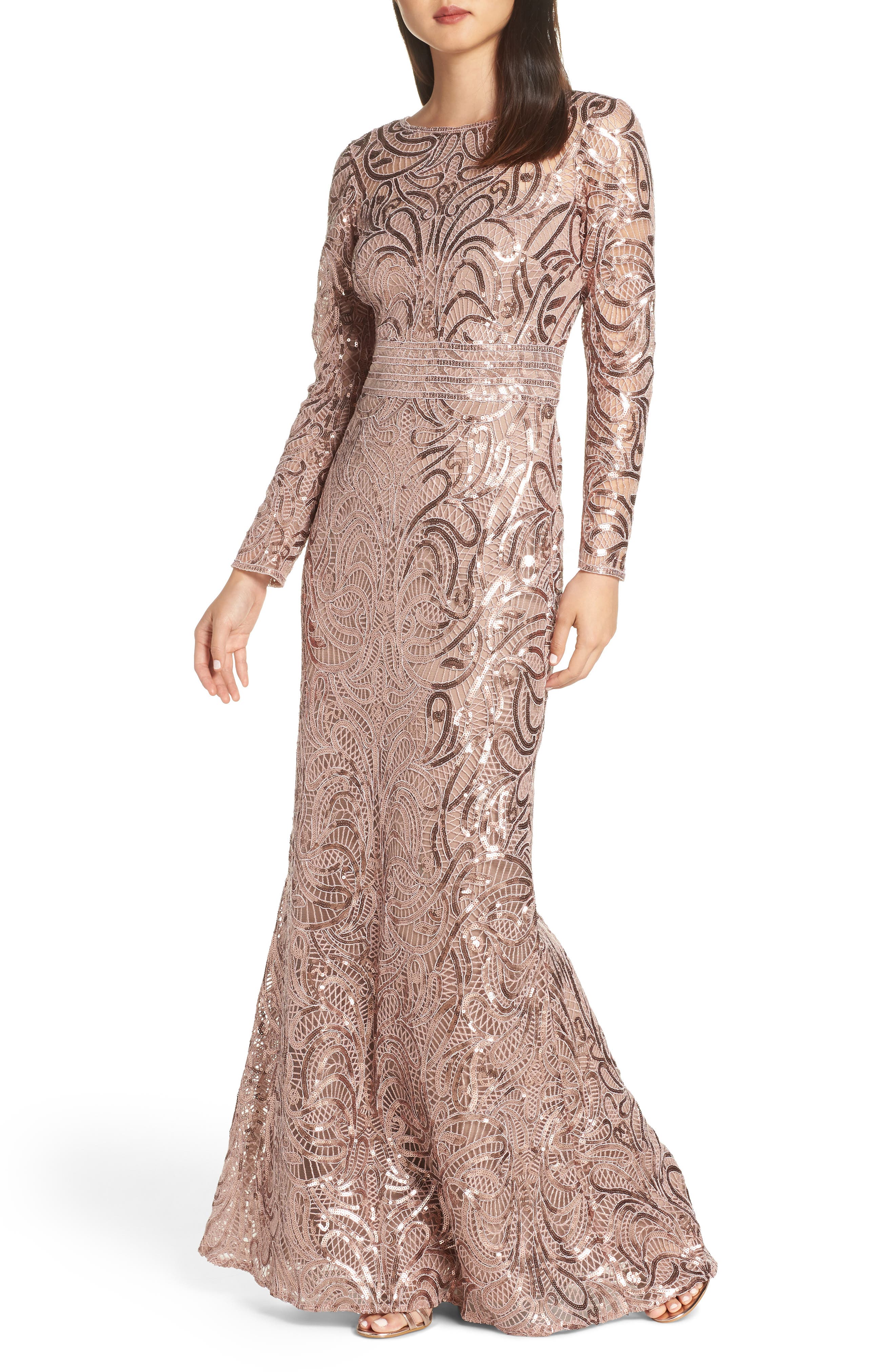 Tadashi Shoji Sequin Crochet Mermaid Gown, Pink