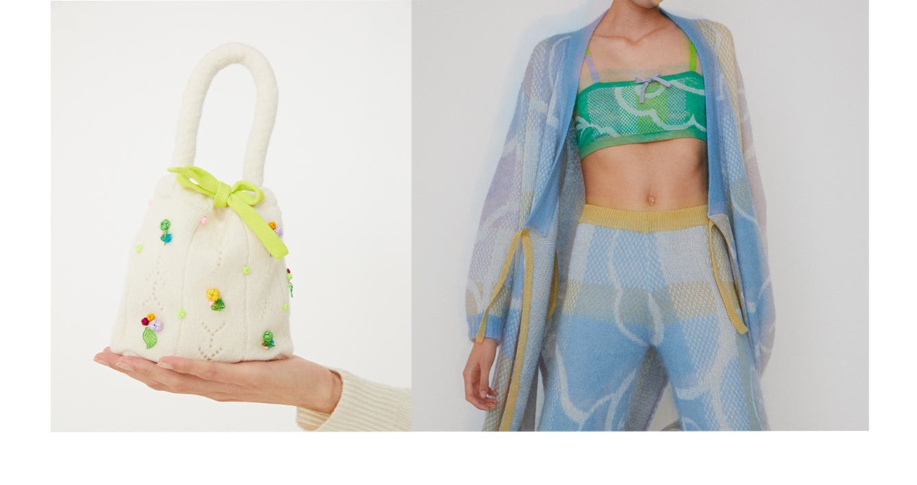 A YanYan knit top-handle pouch, knit cardigan, bralette and pants.