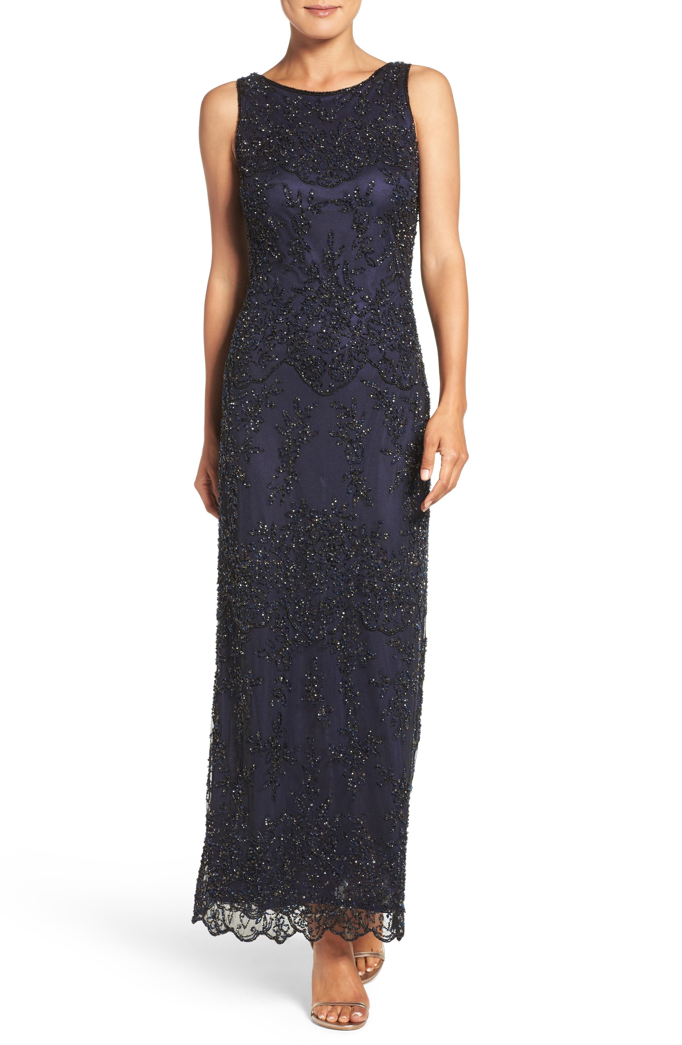 Petite Pisarro Nights Embellished Mesh Gown, Blue