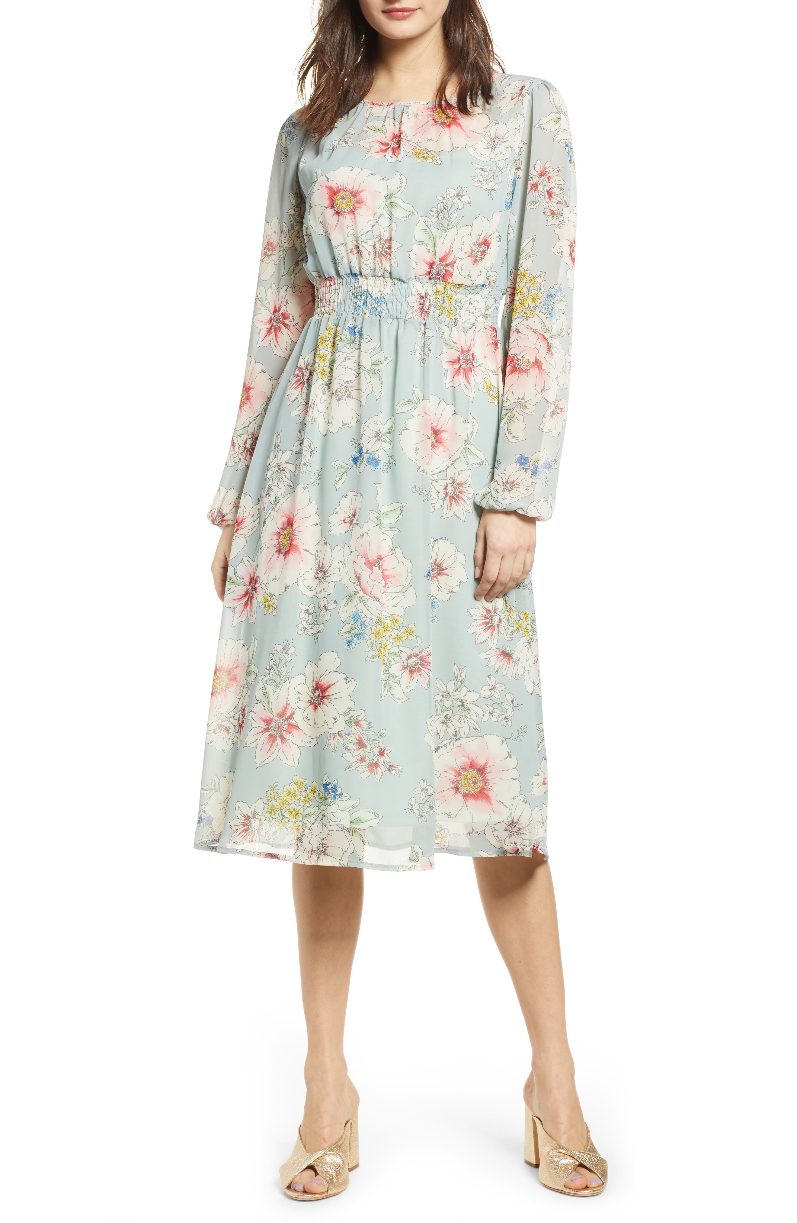 Leith Long Sleeve Chiffon Dress, Grey