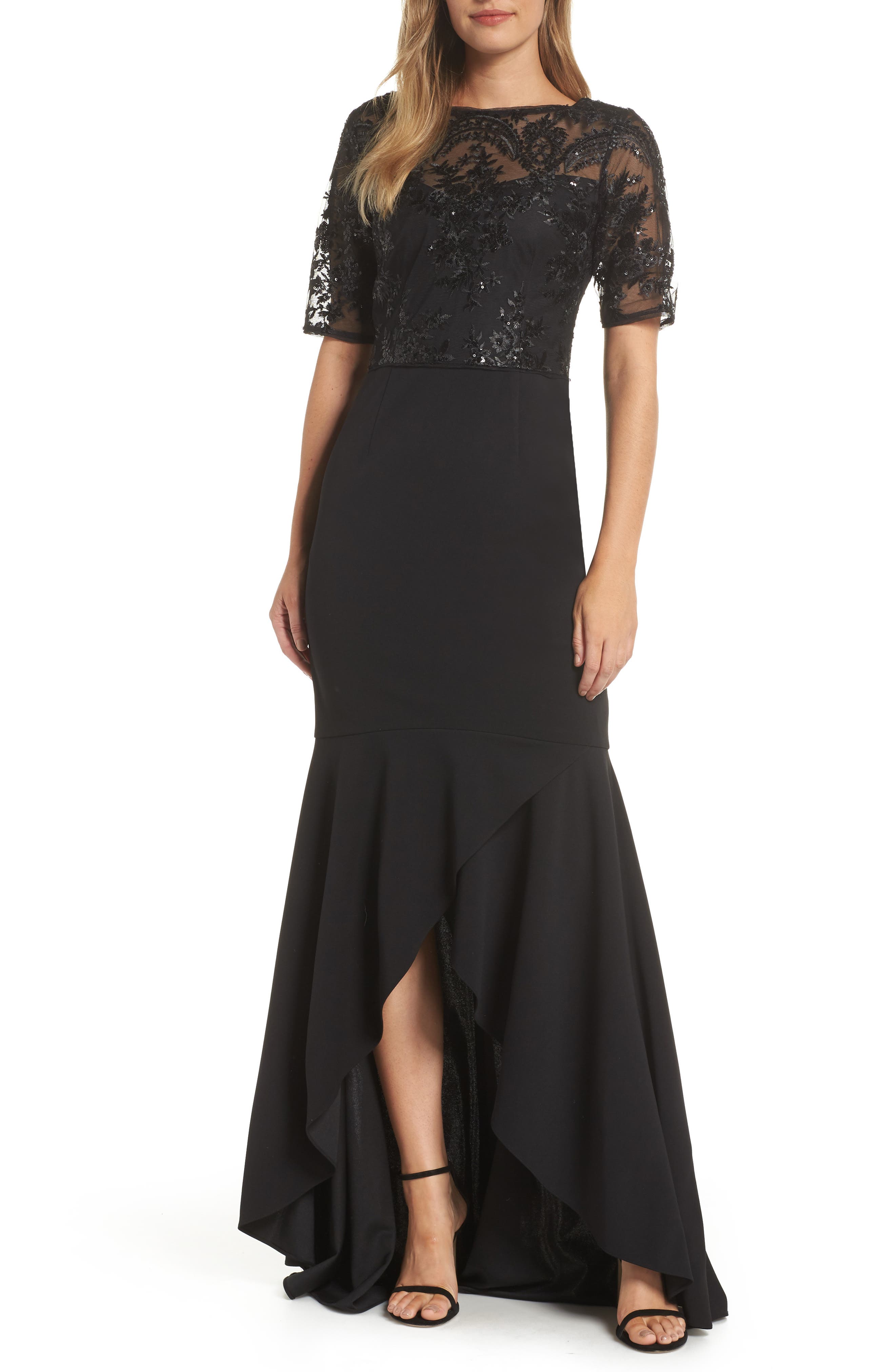 Adrianna Papell Sequin High/low Gown, Black