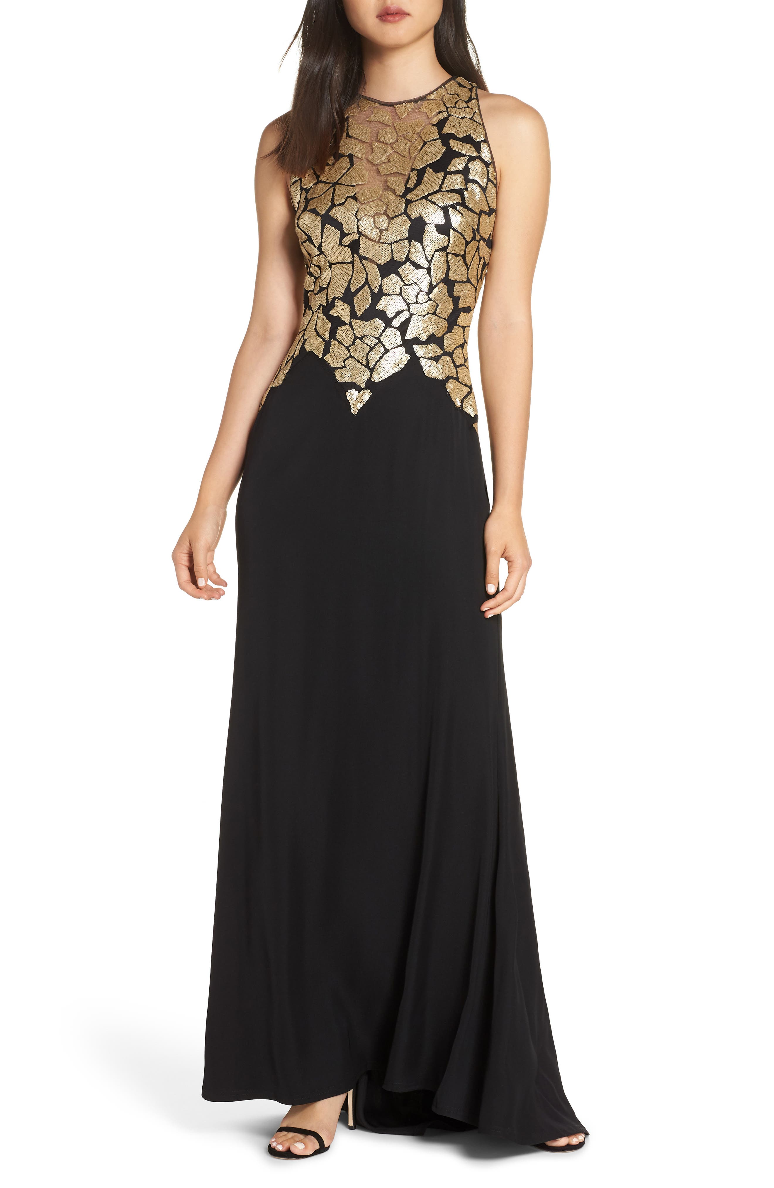 Tadashi Shoji Sleeveless Sequin & Crepe Gown, Black