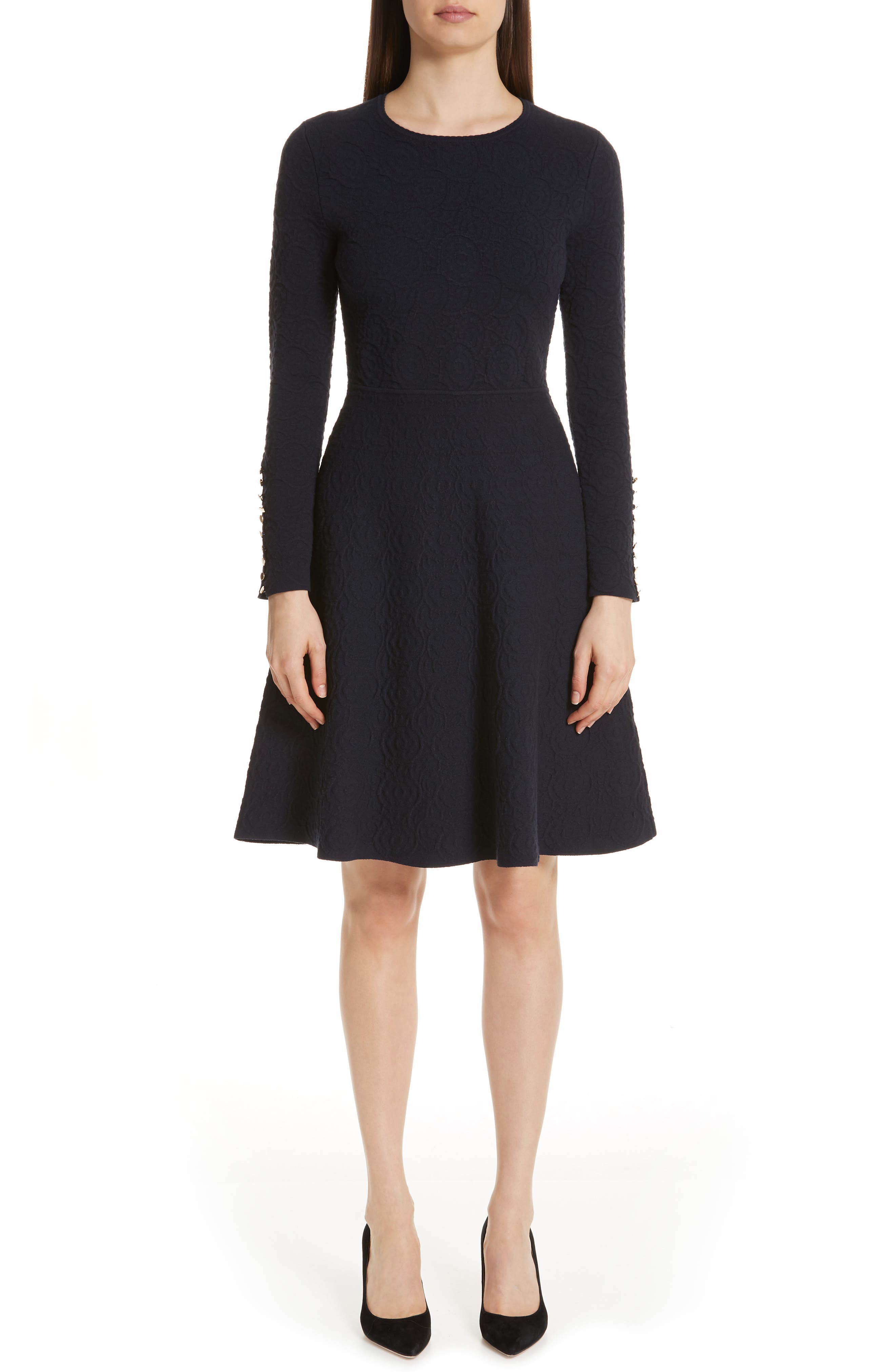 Lela Rose Textured Jacquard Knit Fit & Flare Dress, Blue