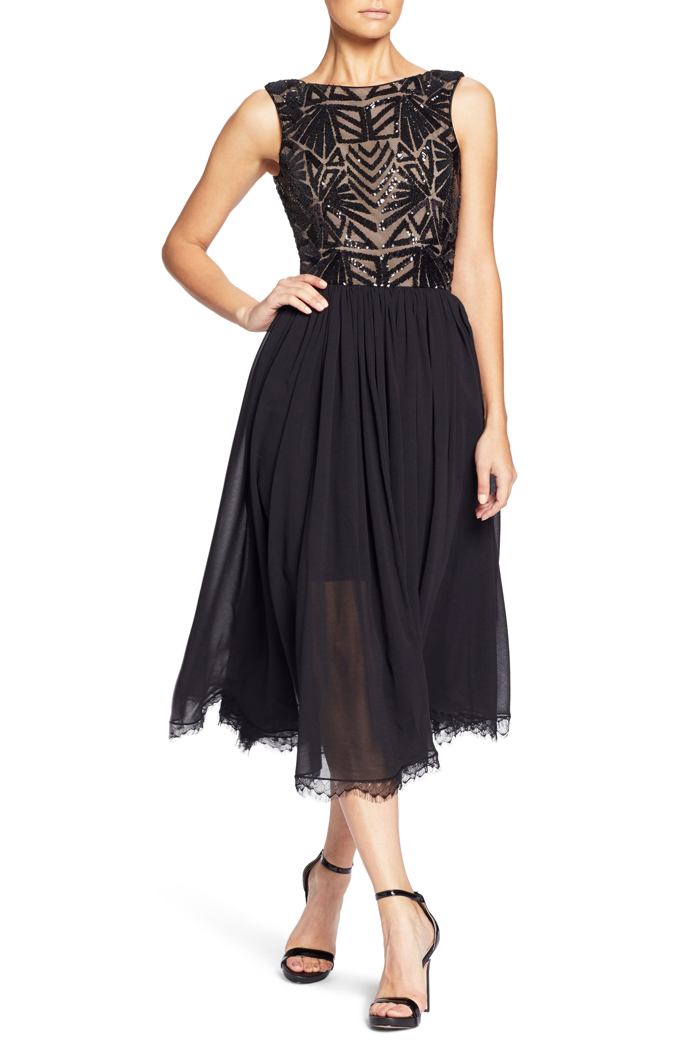 Dress The Population Cathy Sequin Tea Length Dress, Black