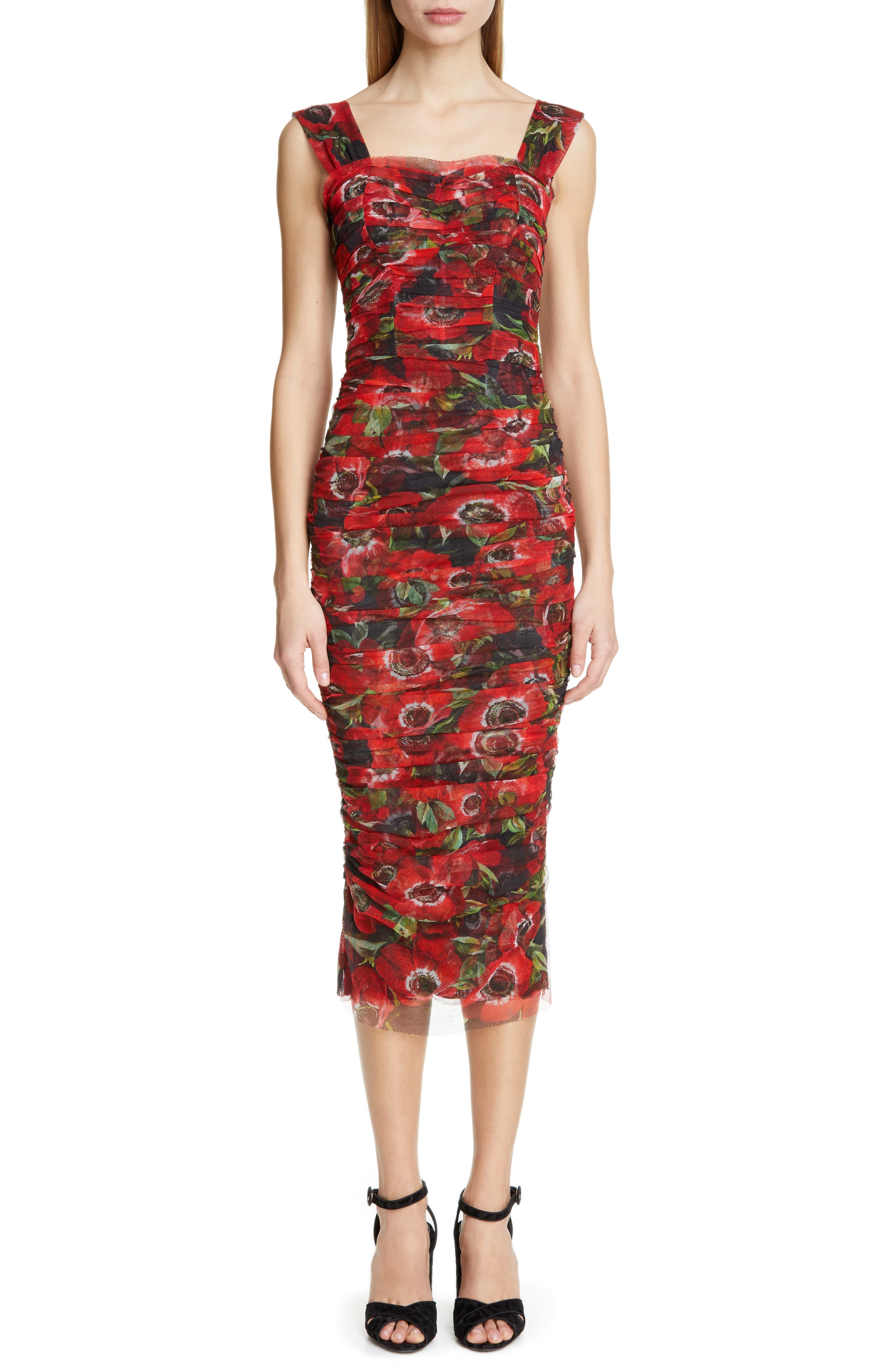 Dolce & gabbana Floral Print Ruched Tulle Sheath Dress, 8 IT - Red