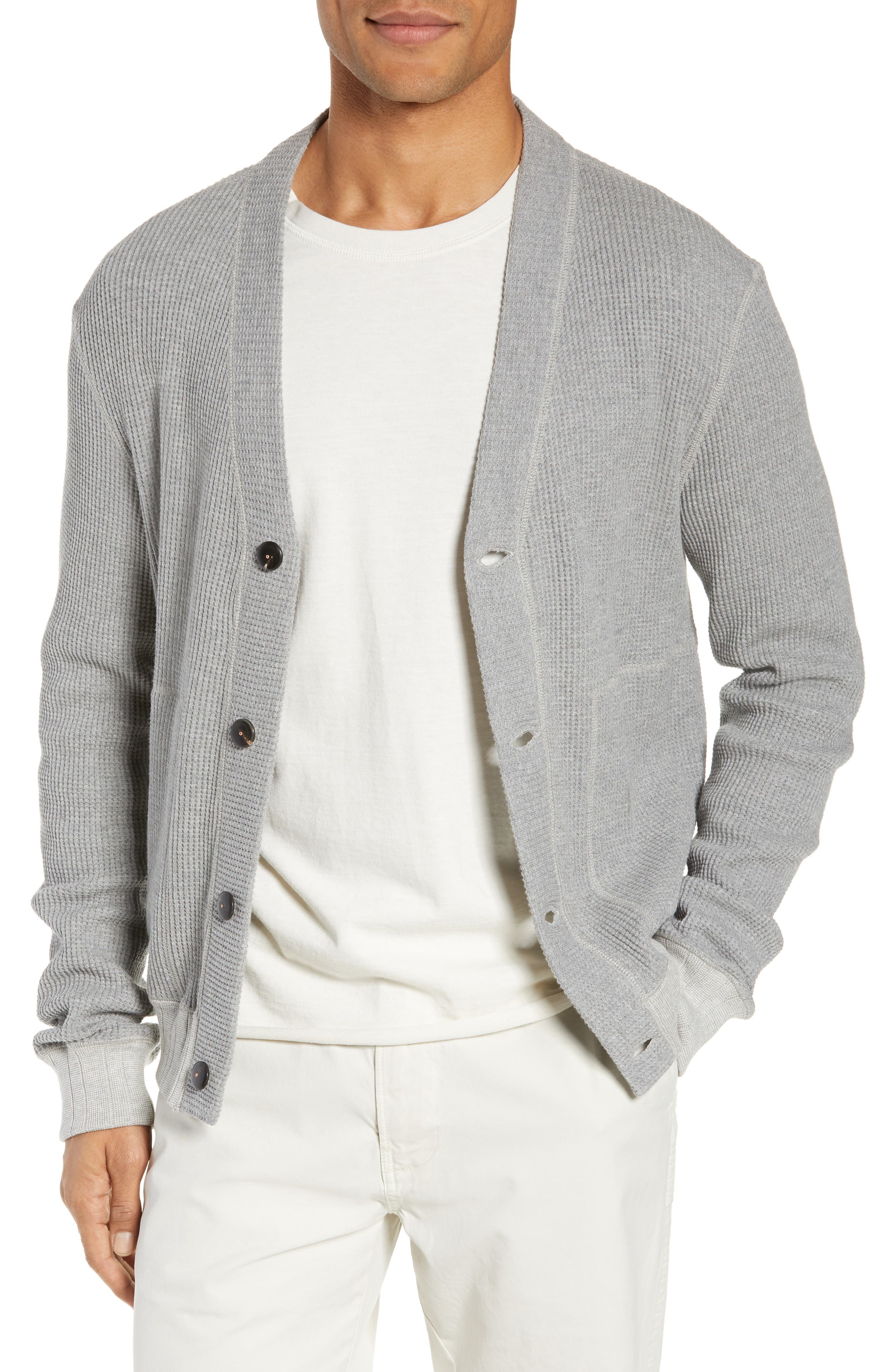 Billy Reid Regular Fit Waffle Knit Button Cardigan, Grey