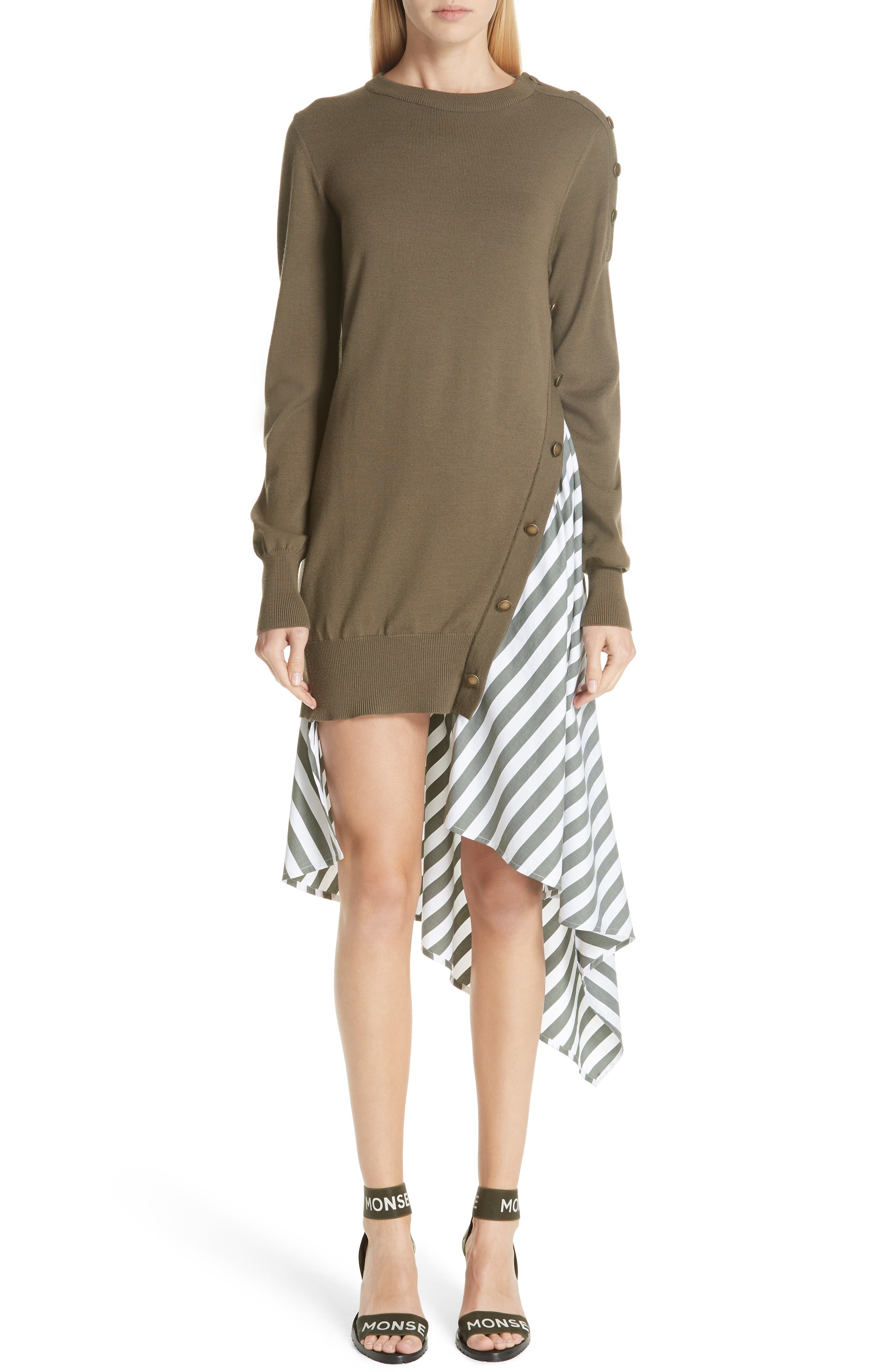Monse Knit & Stripe Poplin Asymmetrical Dress, Green