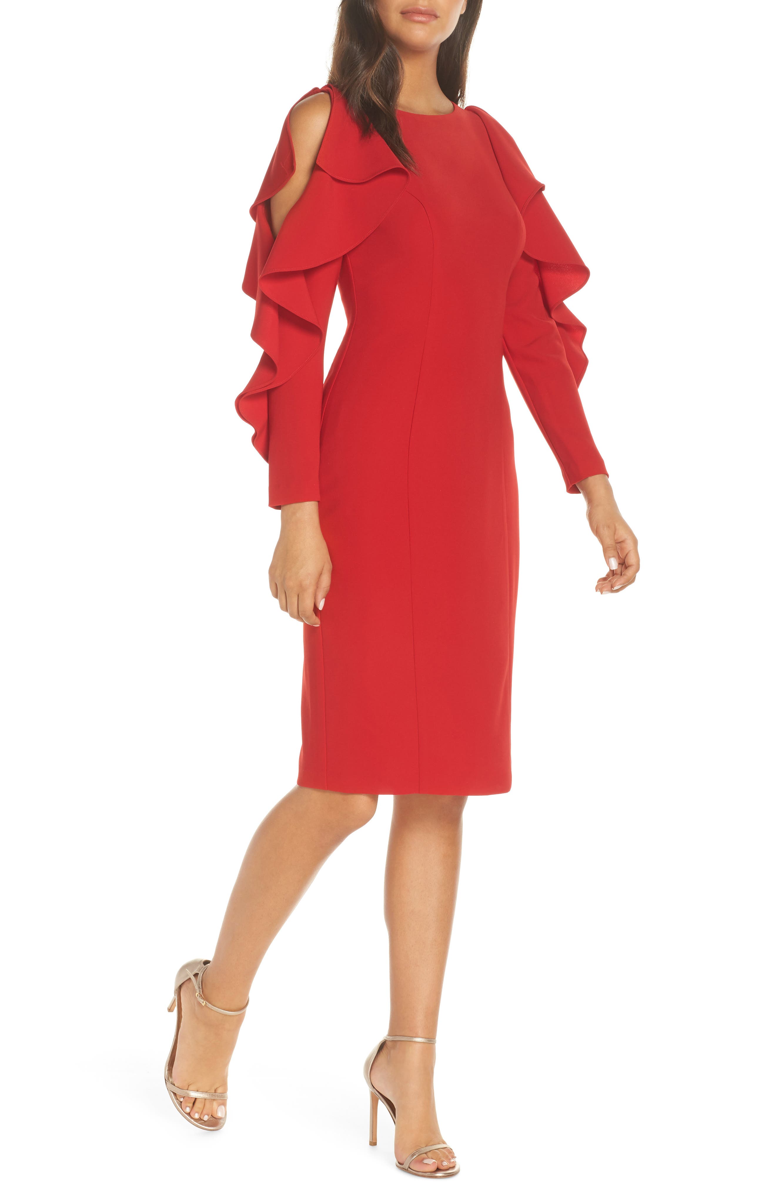 Eliza J Ruffle Sleeve Sheath Dress, Red