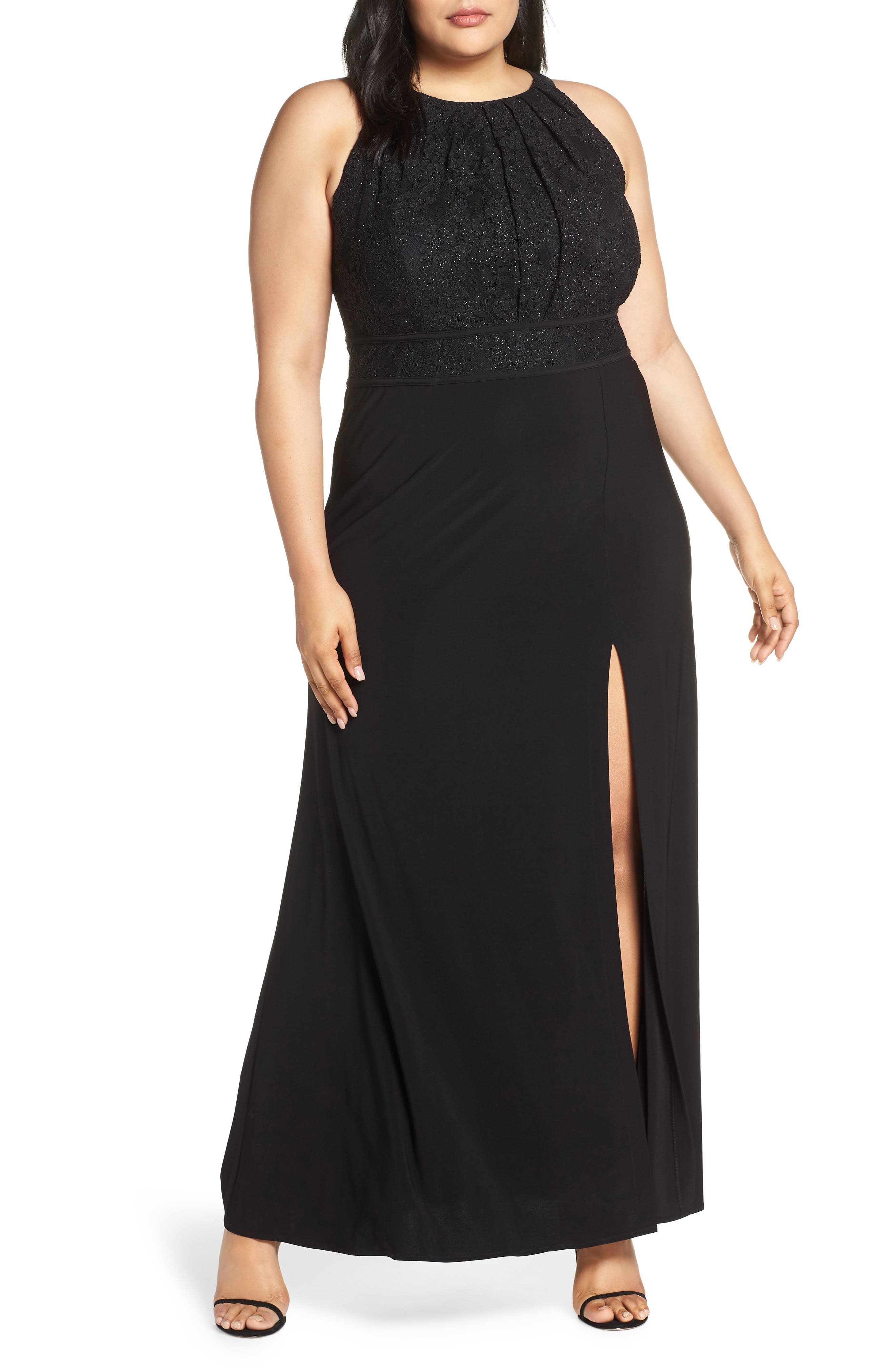 Plus Size Morgan And Co. Pleat Lace Bodice Evening Dress, Black