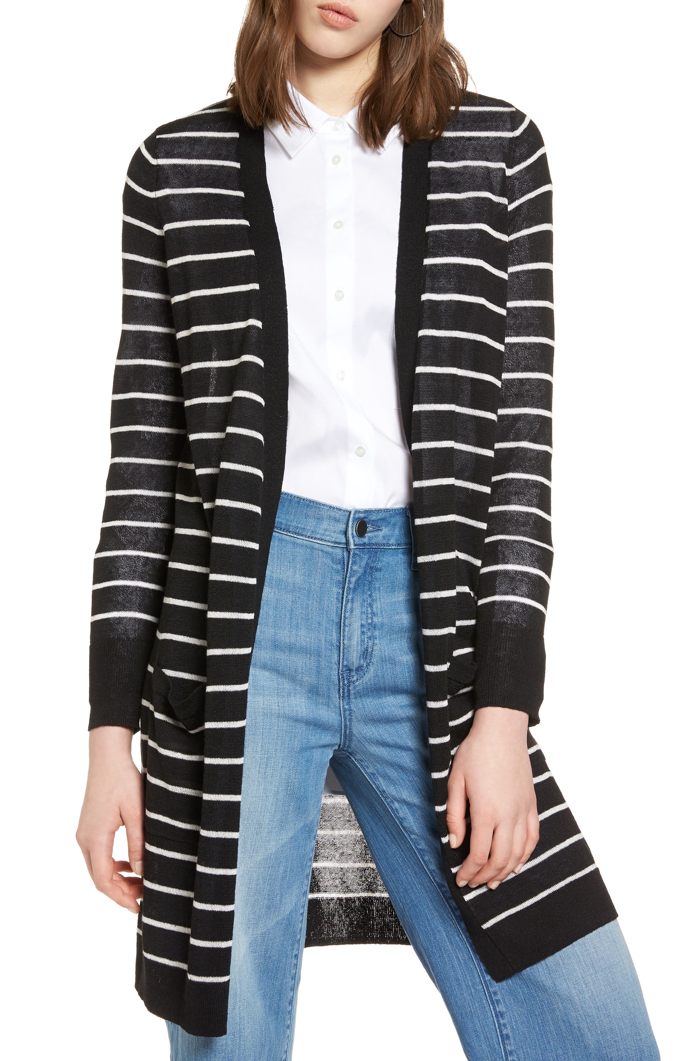 Petite Halogen Long Linen Blend Cardigan, Black