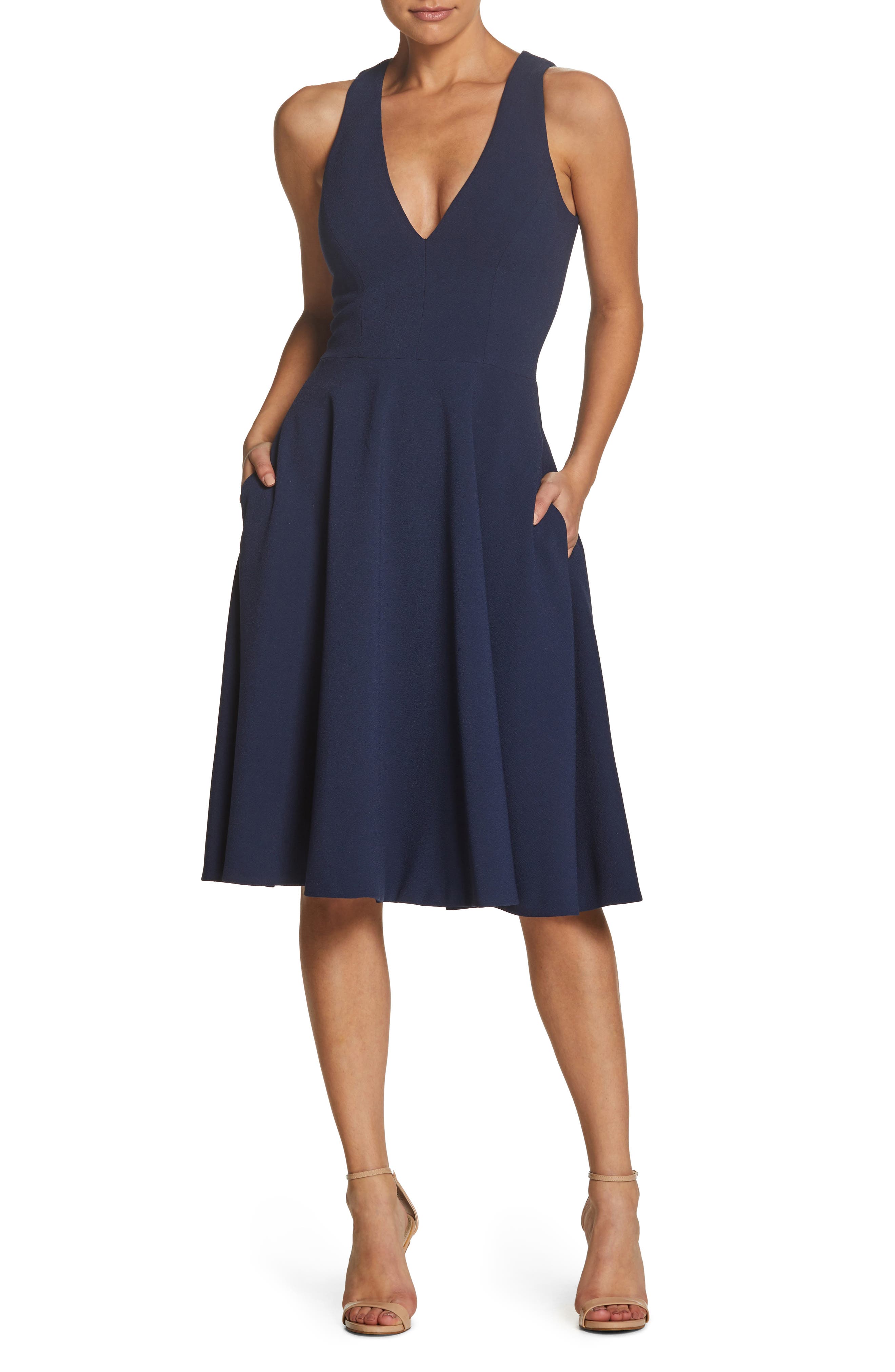 Dress The Population Catalina Tea Length Fit & Flare Dress, Blue