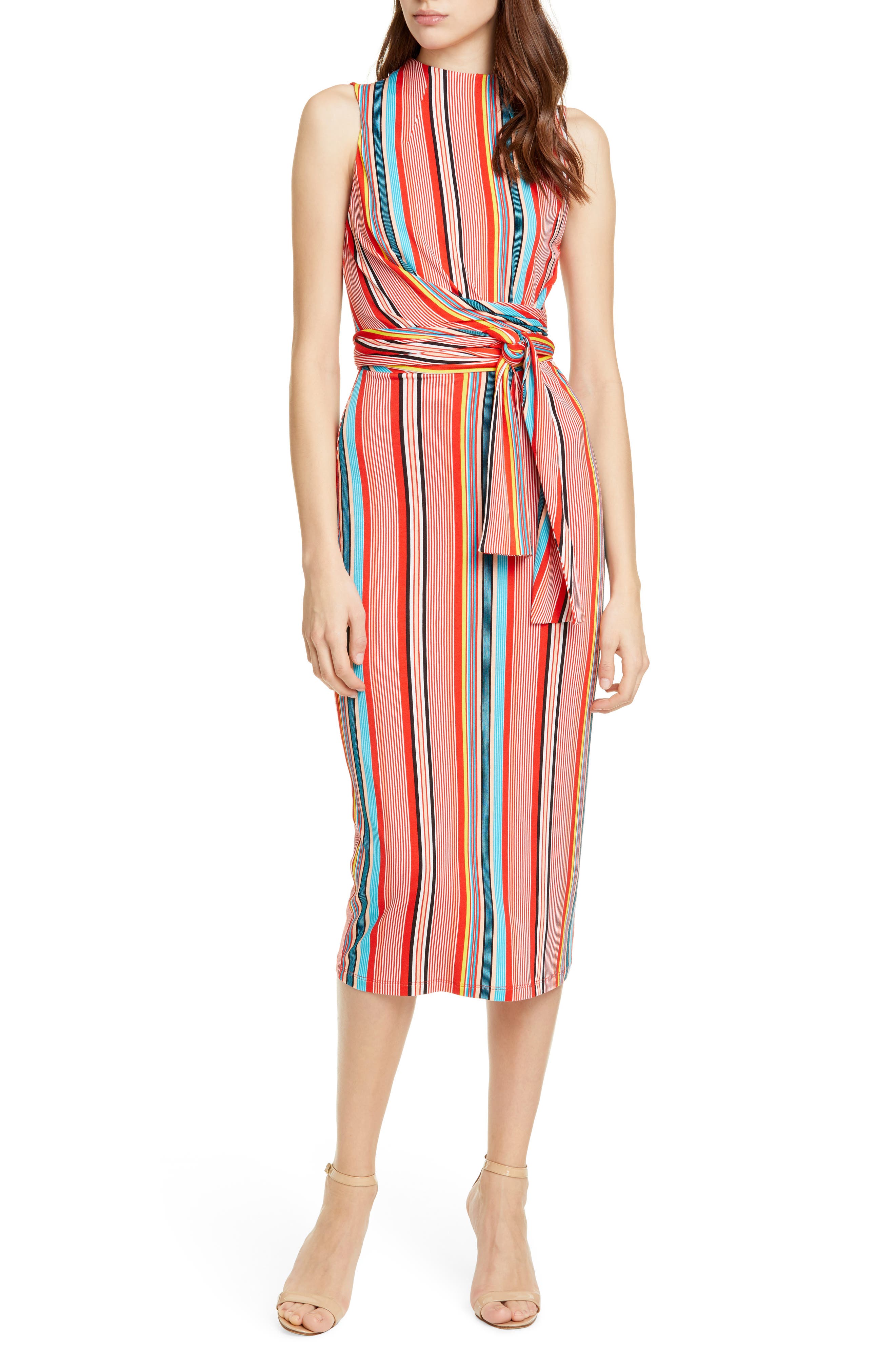 Alice + Olivia Delora Stripe Tie Waist Dress, Coral