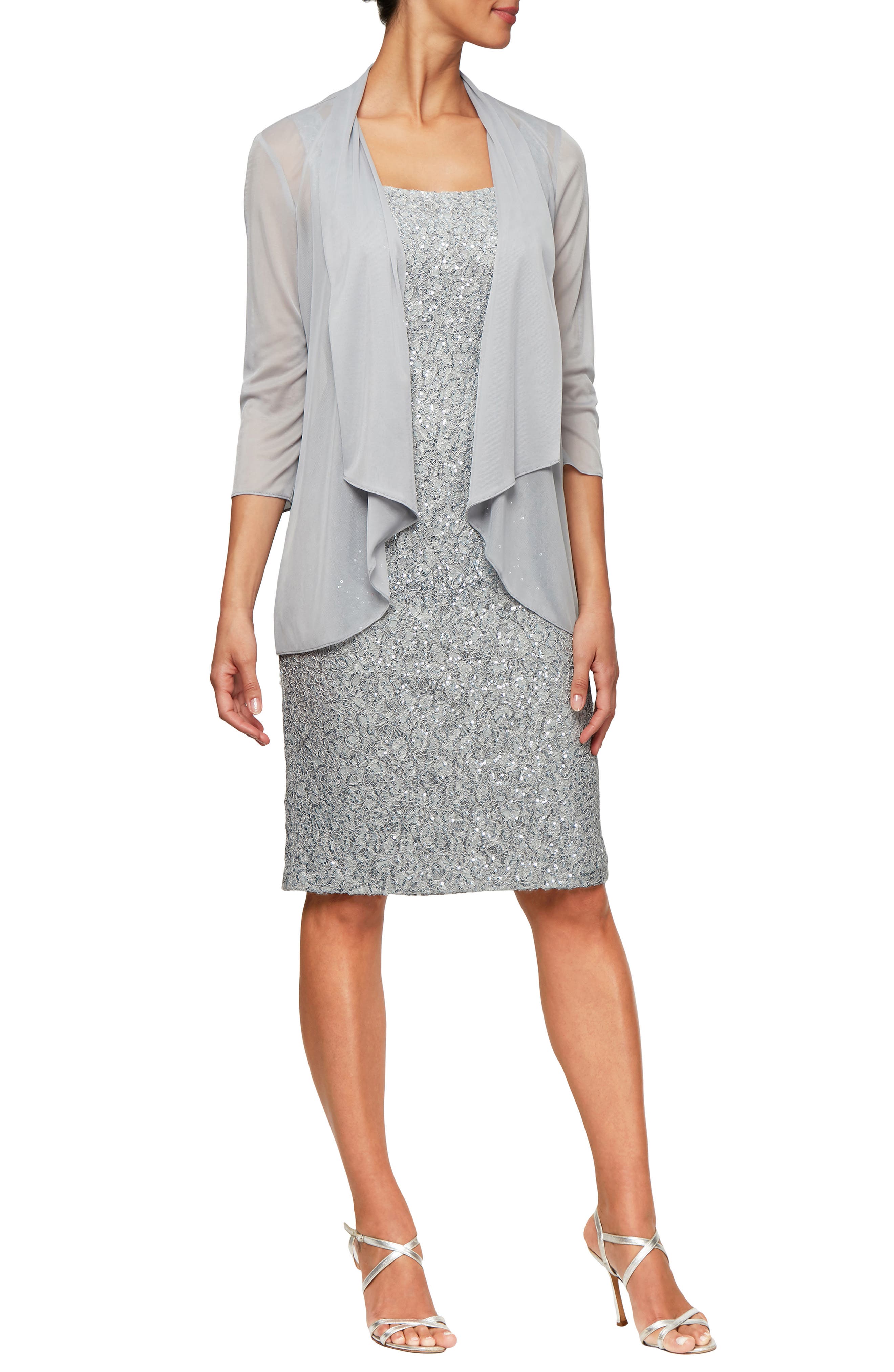 Petite Alex Evenings Sequin Sheath Dress With Jacket, Blue