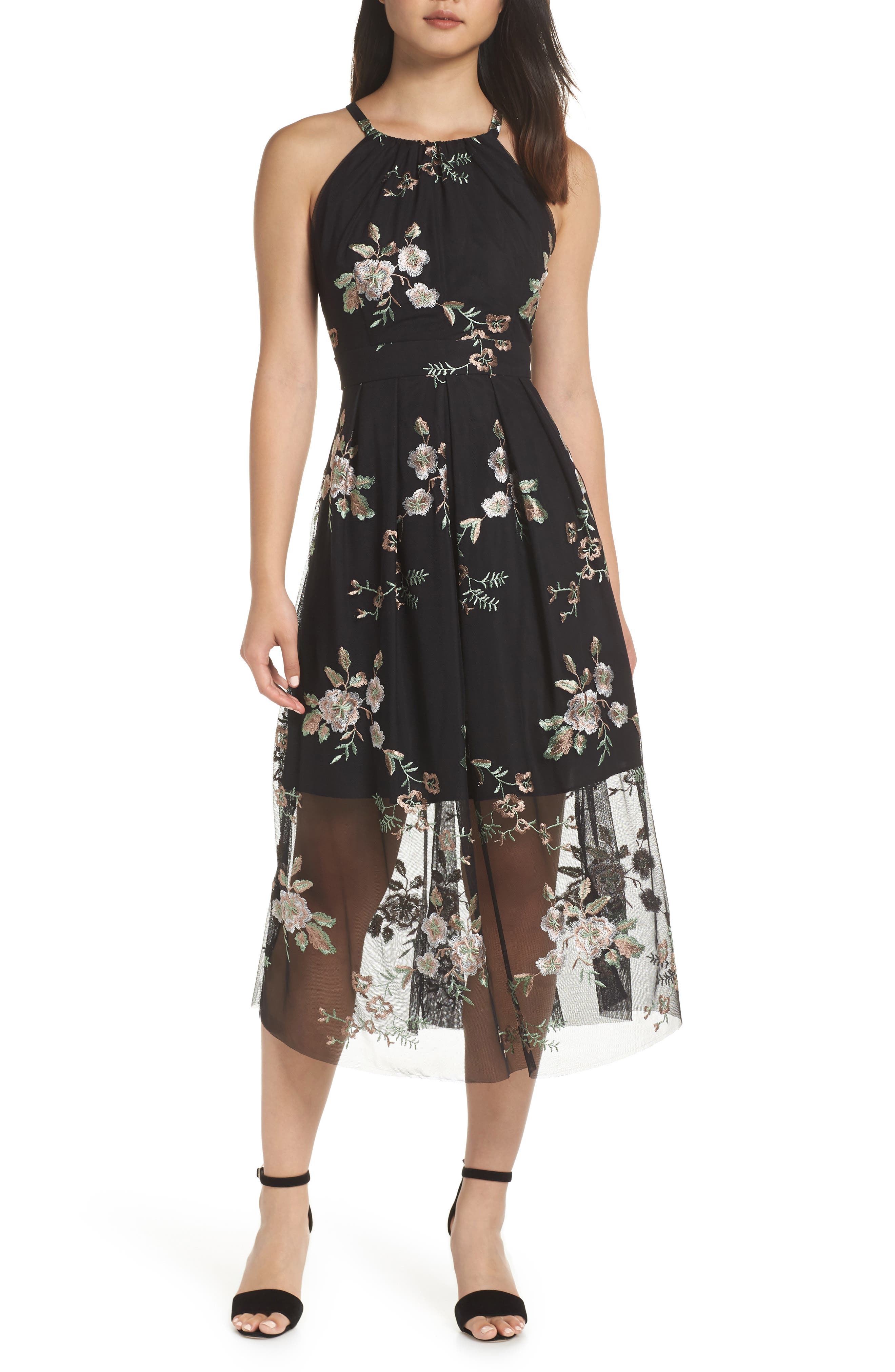 Petite Vince Camuto Embroidered Mesh Midi Dress, Black