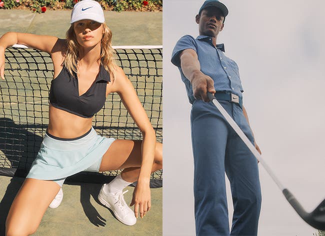 Woman wearing tennis clothing and man wearing golf clothing.