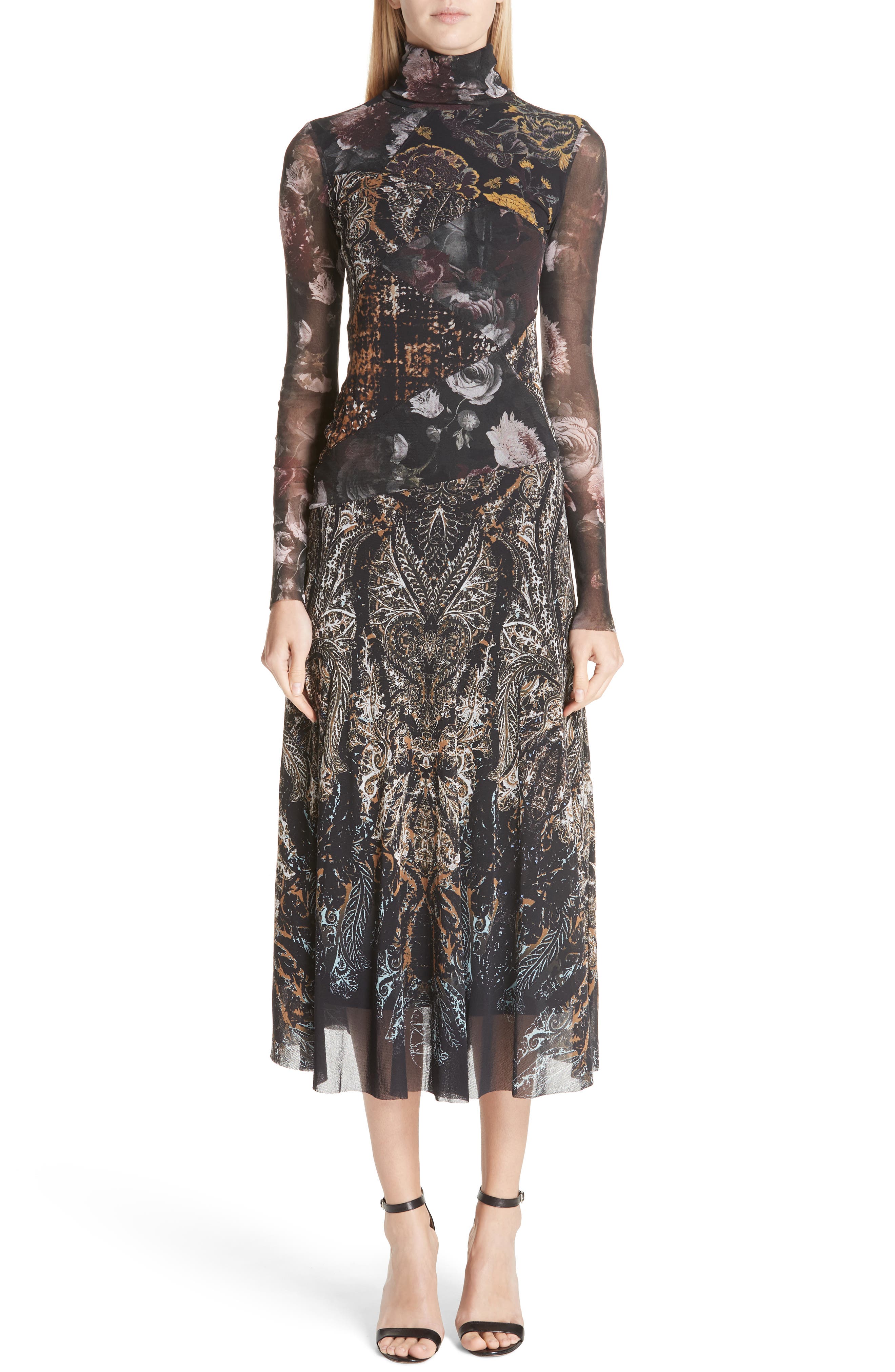 Fuzzi Mixed Print Tulle Turtleneck Dress, Black