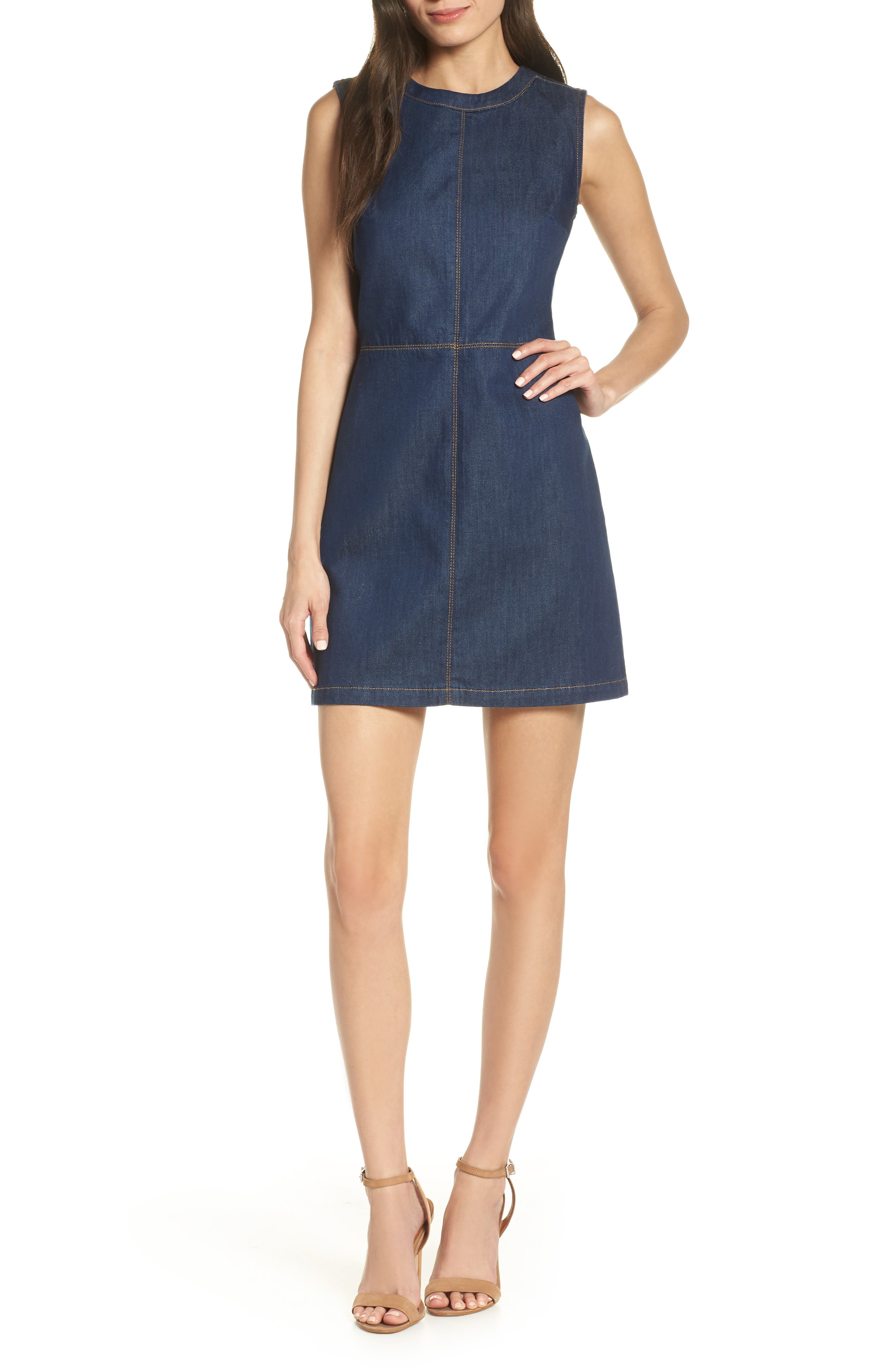 French Connection Linaira Contrast Stitch Denim Minidress, Blue