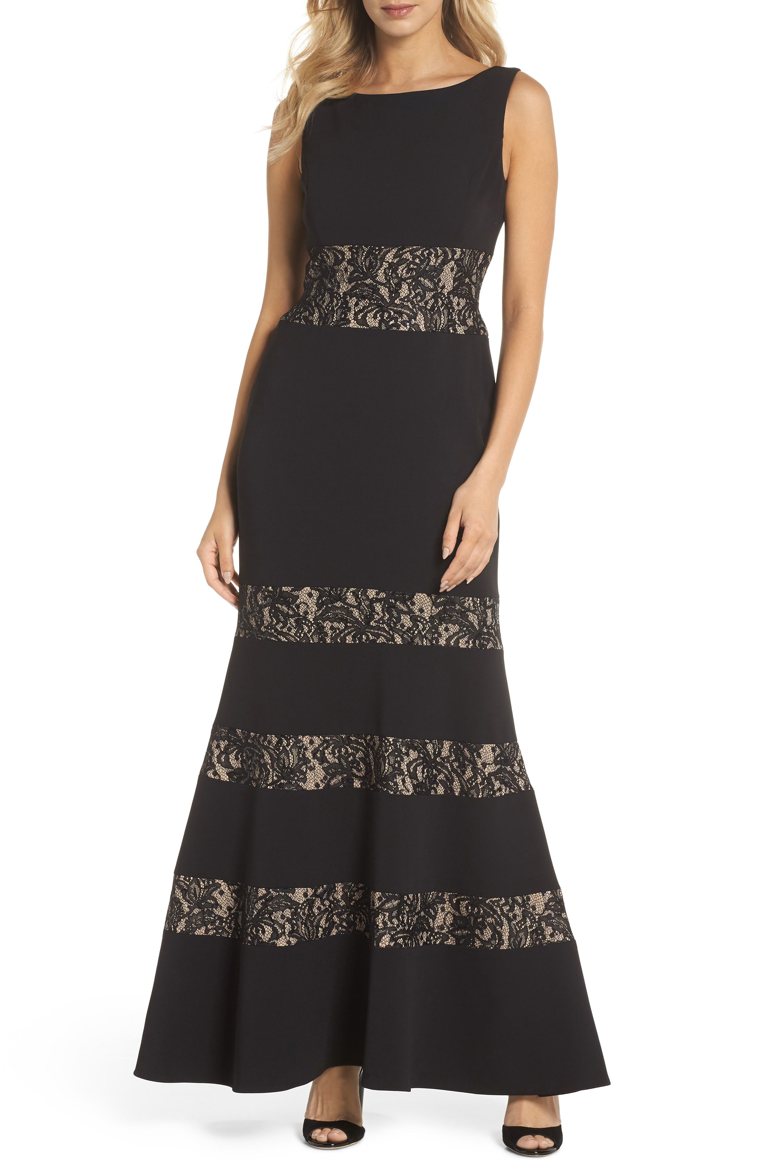 Vince Camuto Lace Panel Trumpet Gown, Black
