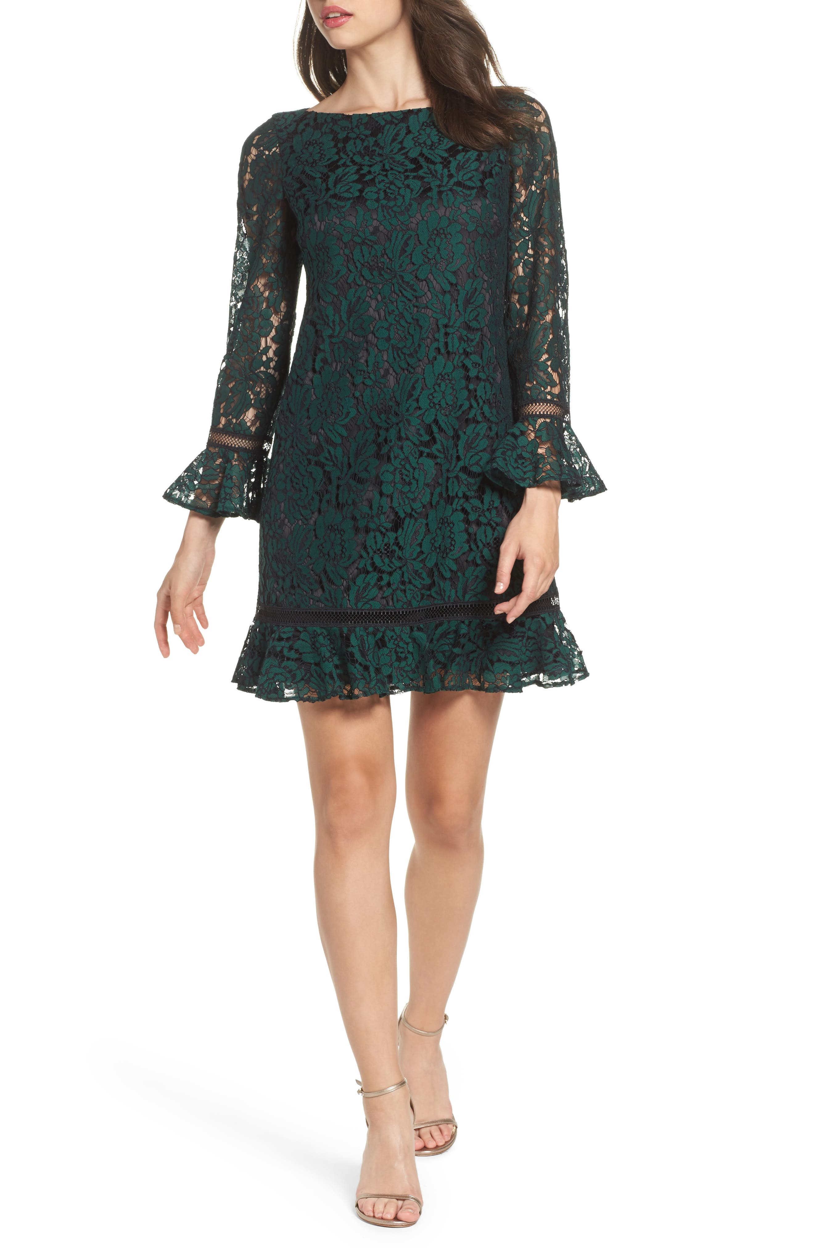 Eliza J Bell Sleeve Lace Shift Dress, Green