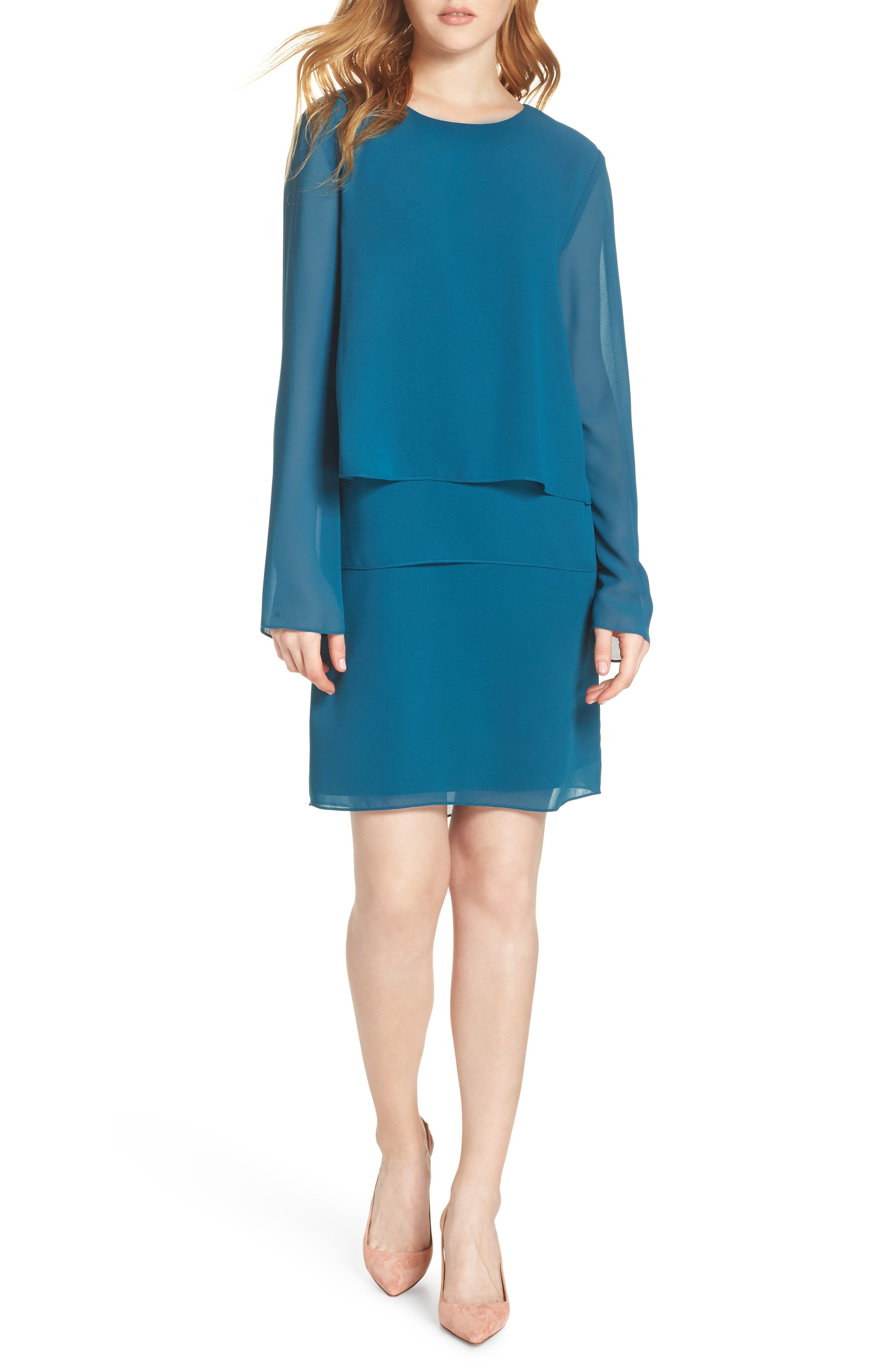 Petite Charles Henry Layered Popover Chiffon Dress, Blue/green