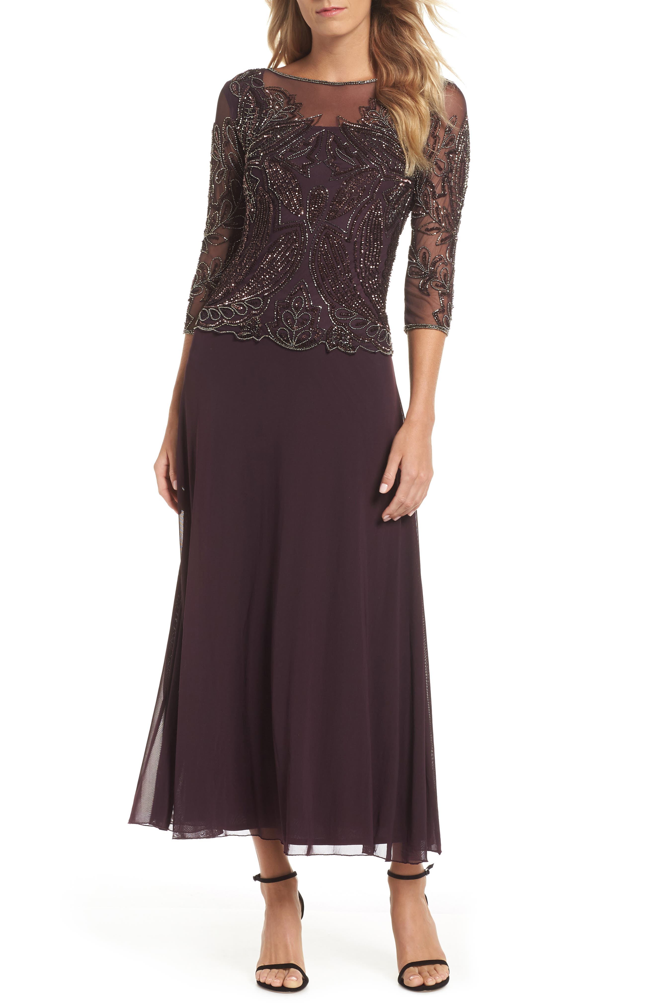 Pisarro Nights Embellished Mesh Gown, Burgundy