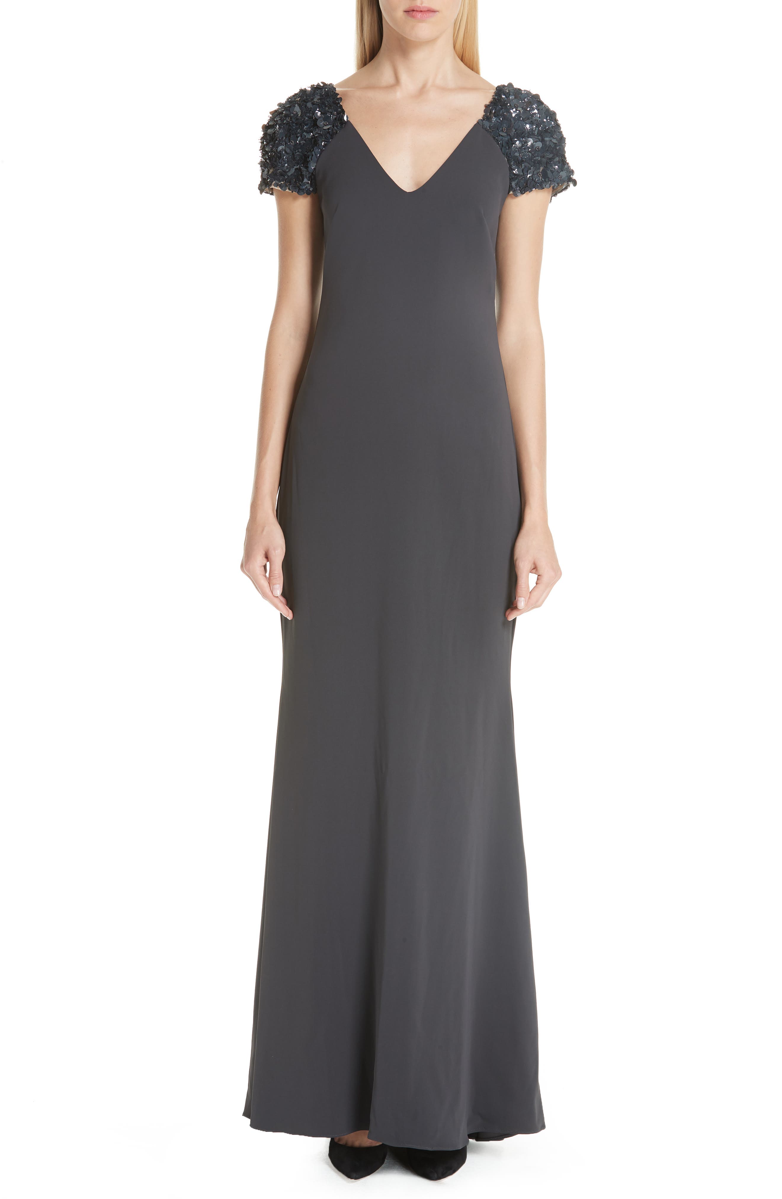 Badgley Mischka Collection Beaded Cap Sleeve Gown, Grey