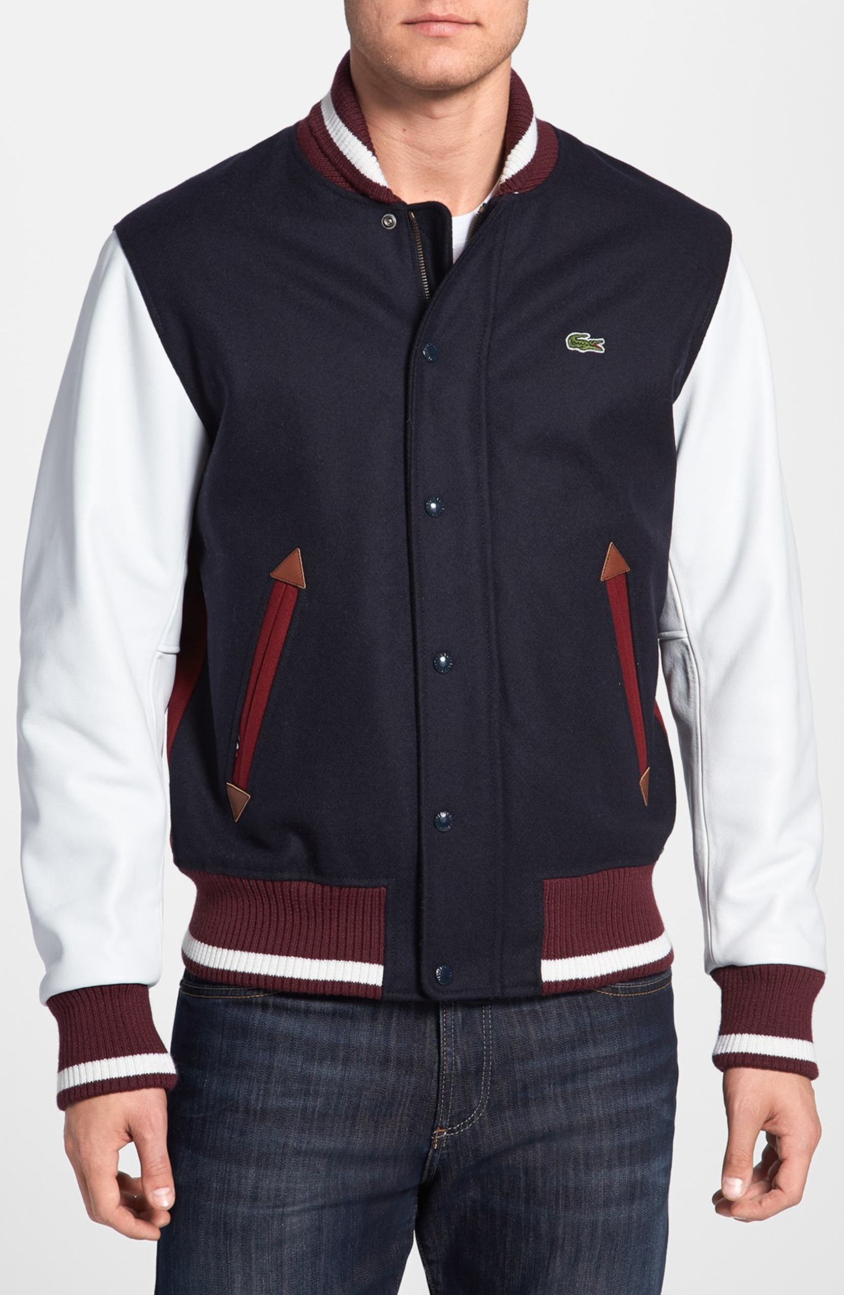 Lacoste L Ve Wool Blend Varsity Jacket With Leather Sleeves Nordstrom
