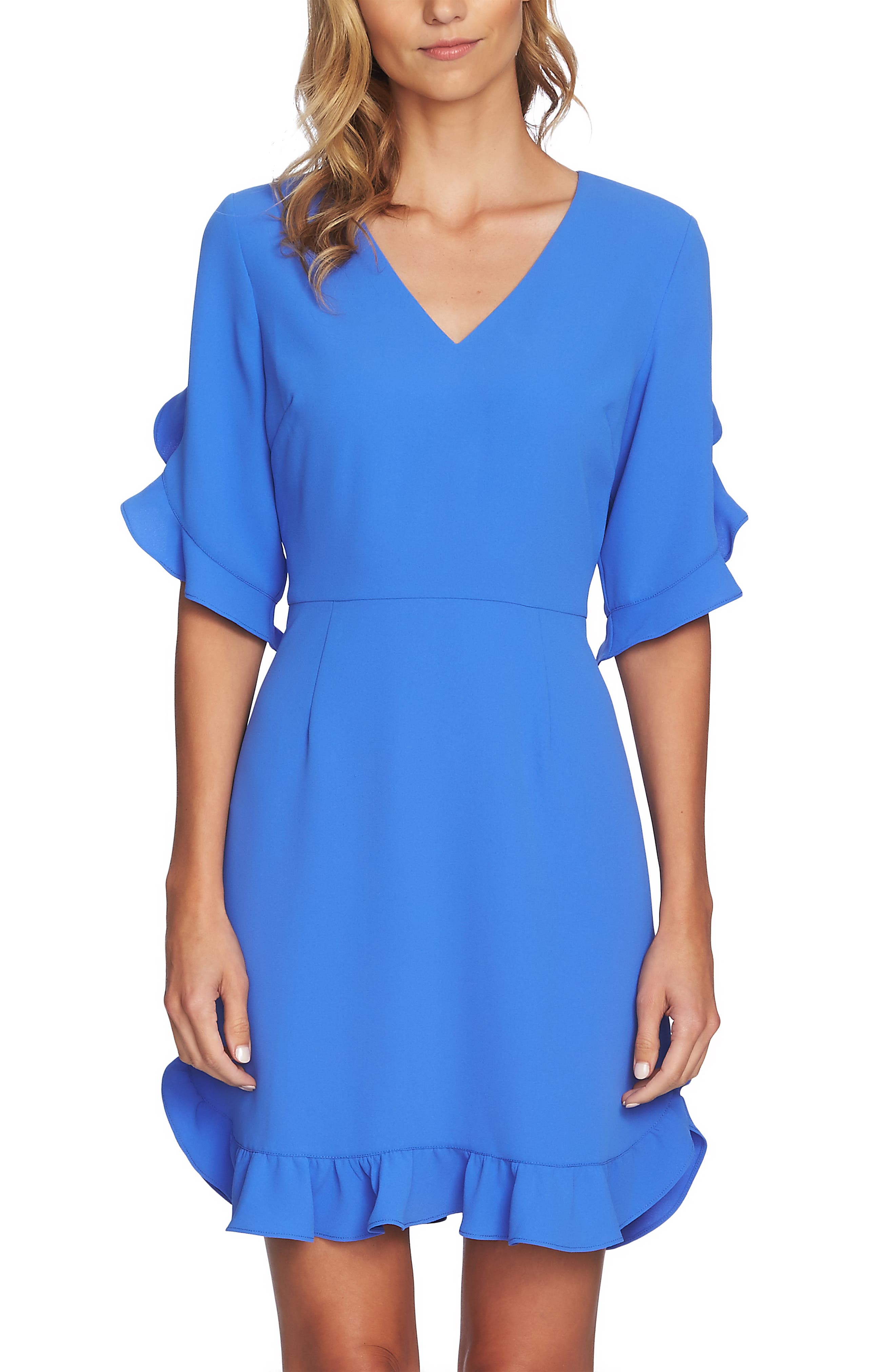 Cece Ruffle V-Neck A-Line Dress, Blue