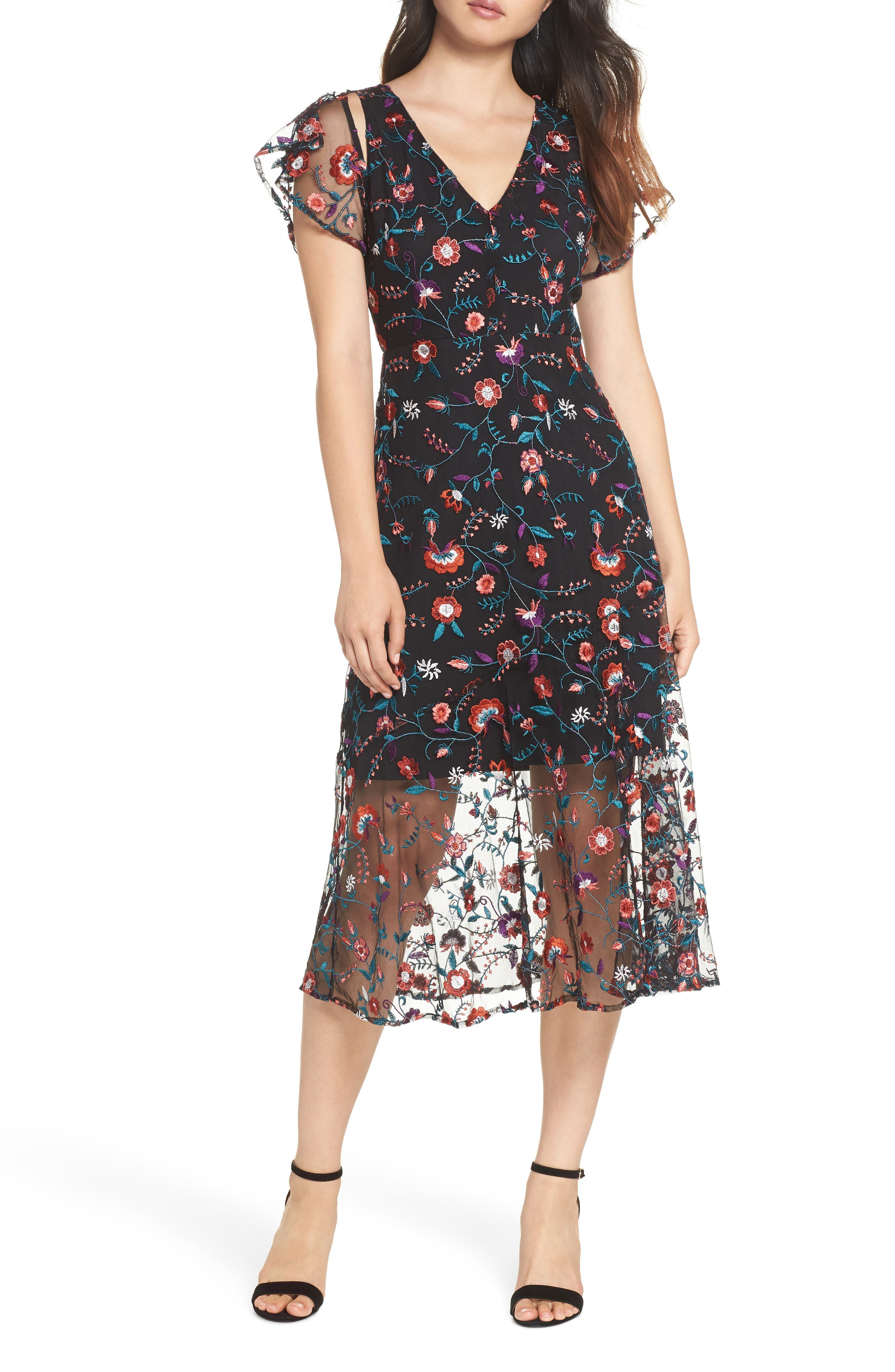 Sam Edelman Pansy Embroidered Mesh Midi Dress, Black