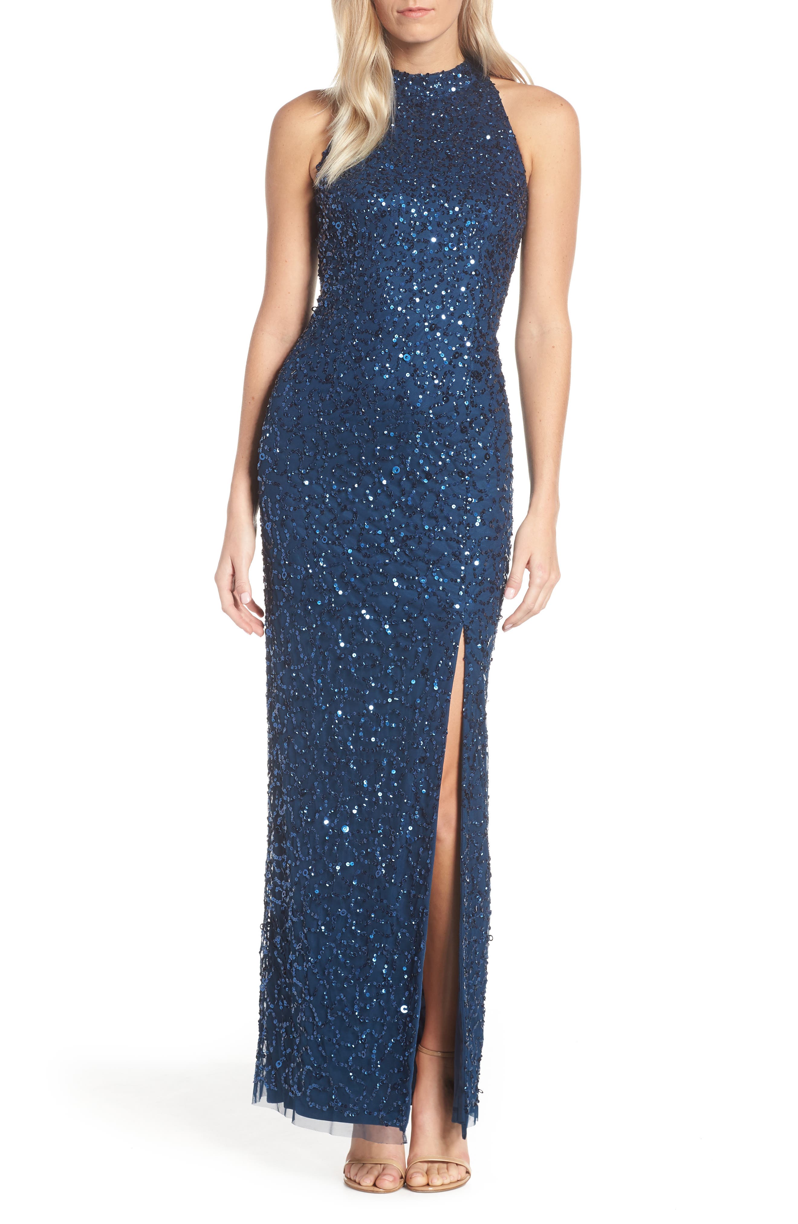 Adrianna Papell Beaded Column Evening Dress, Blue