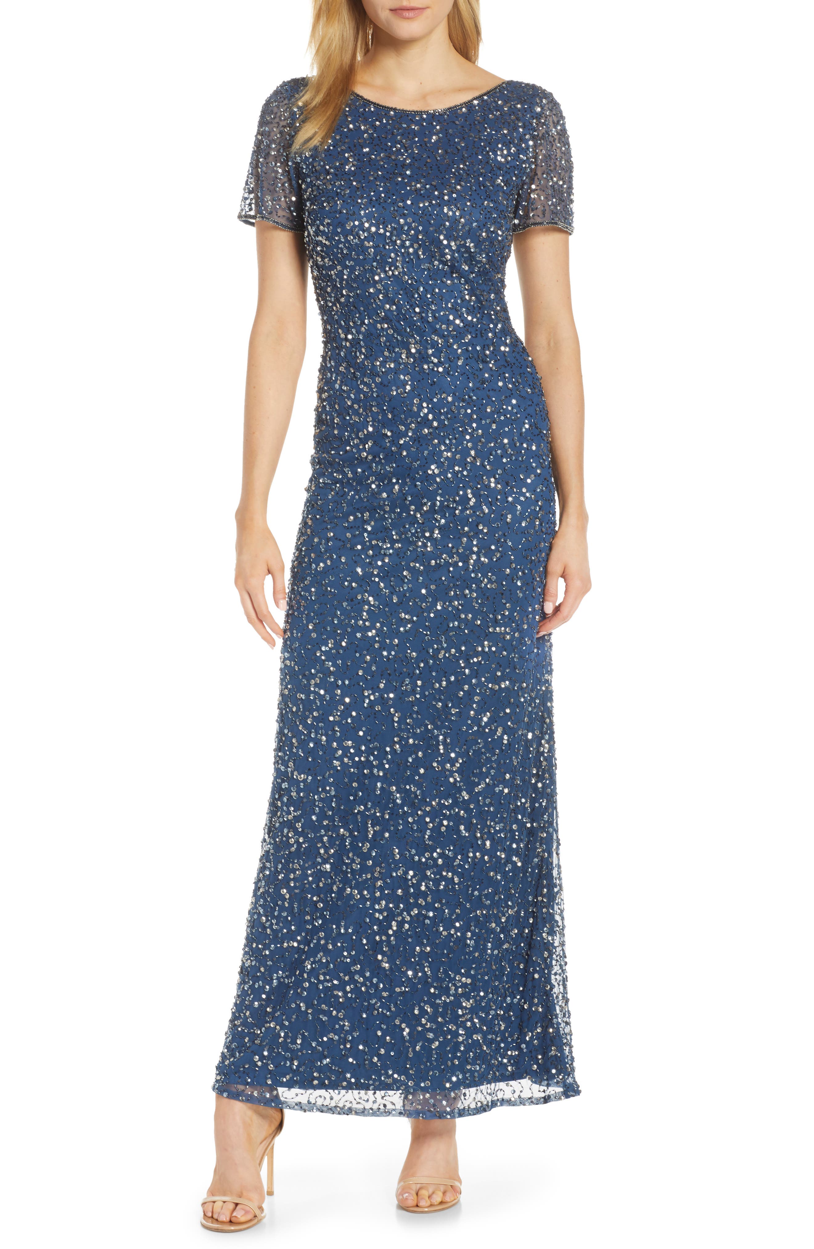 Petite Pisarro Nights Short Sleeve Beaded Evening Dress, Blue