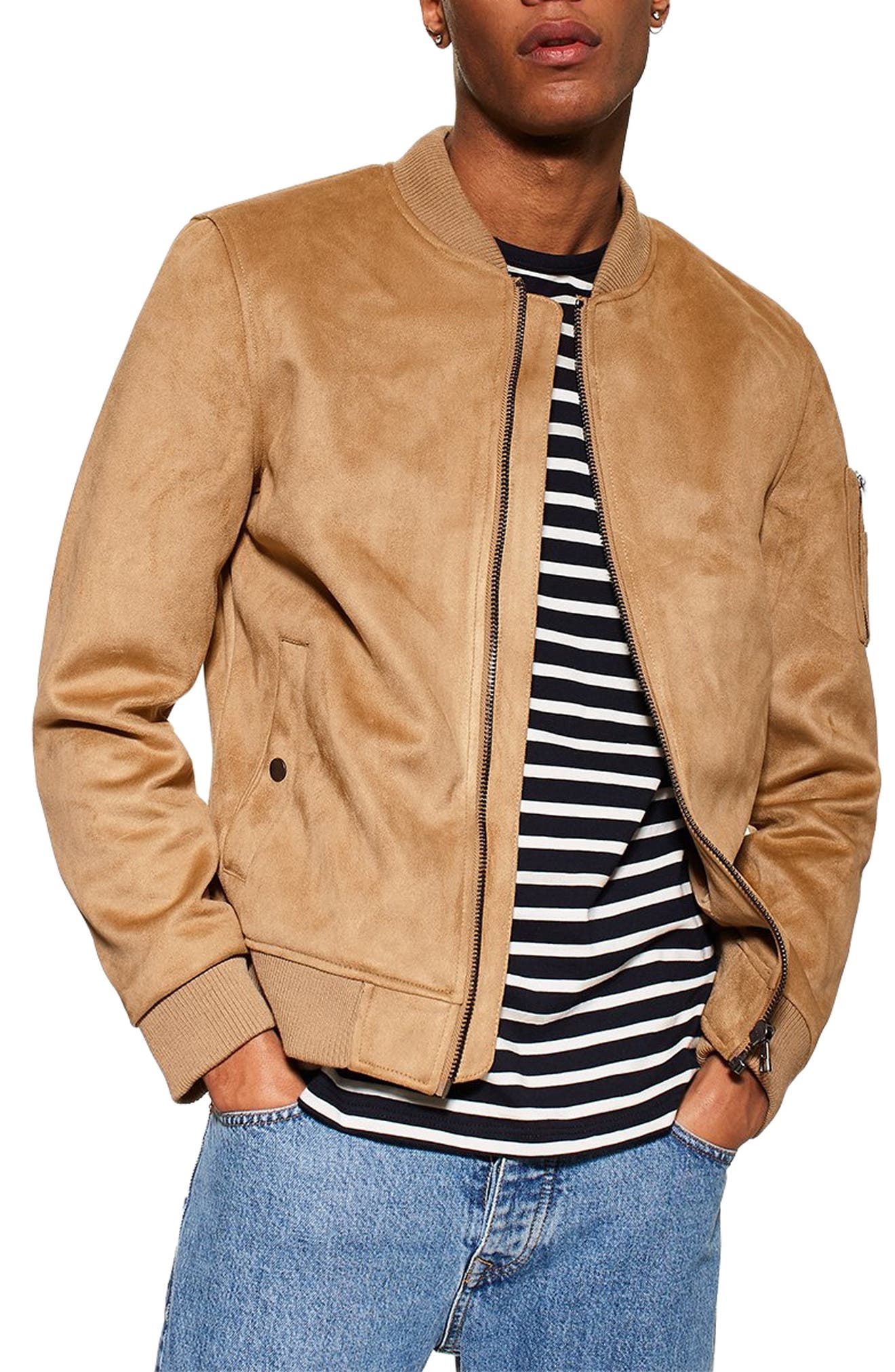 Topman Faux Suede Bomber Jacket, Beige