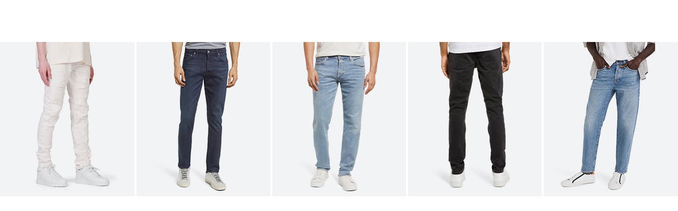 Skinny white jeans. Slim dark-blue jeans. Faded, slim straight jeans. Black straight-leg jeans. Faded relaxed-fit jeans.
